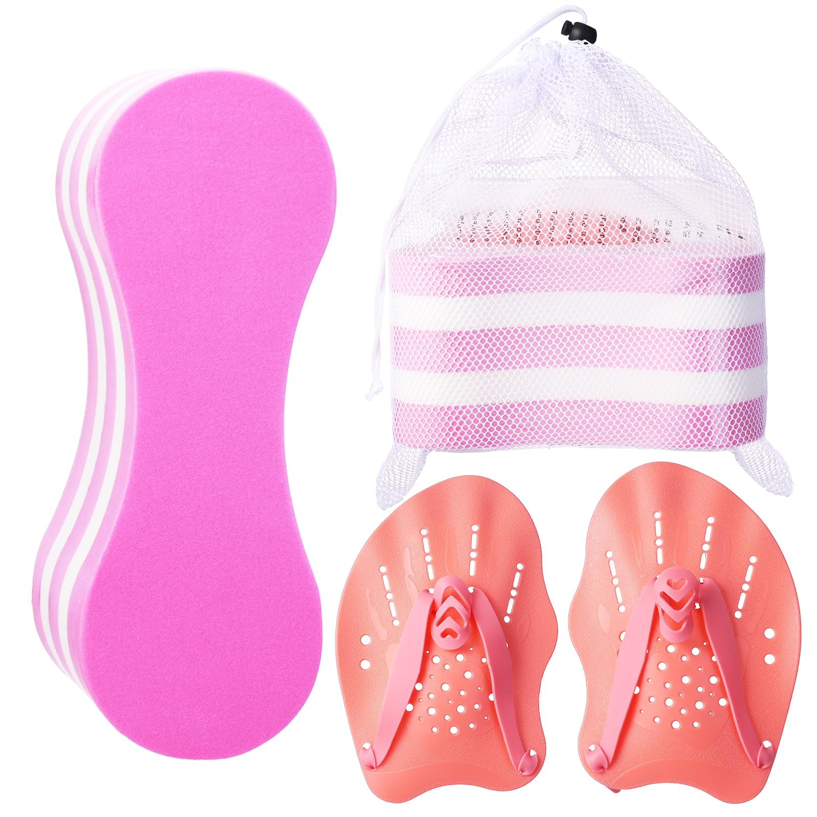 Swim Training Pull Buoy Set, Adjustable Strap Hand Paddles with Mesh Bag, Portable Swimming Practice Kit Training Equipment for Adults Beginner (D)