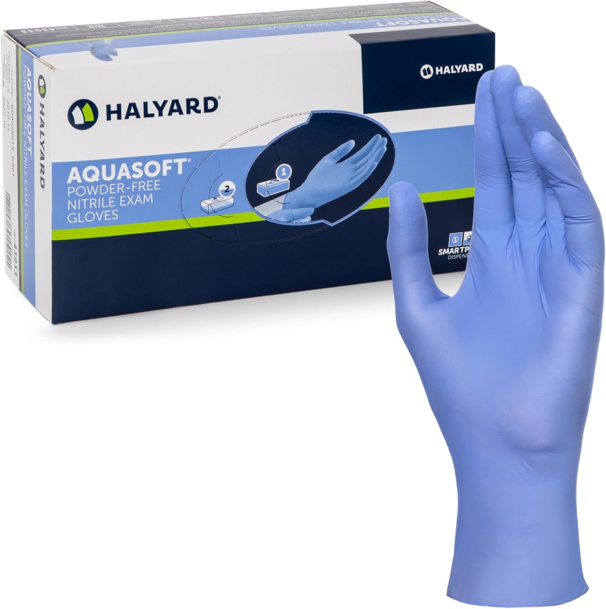HALYARD AQUASOFT Guantes de examen de nitrilo Caja de 300, azules - 3,1 mil, 9,5 pulgadas, tamaño mediano, no estériles, guantes desechables sin polvo, 43934