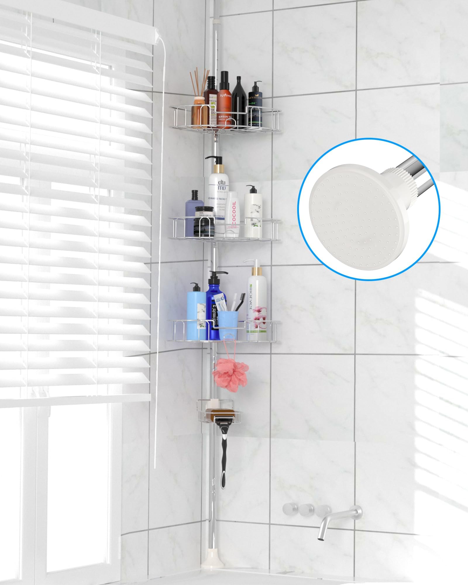 Tension Shower Caddy , Stainless Steel Corner Shower Caddy Stand Storage Organizer with Rustproof Tension Pole for Bathroom Bathtub Shampoo Soap Plants, 4 Tier Adjustable Shelves, 54 to 125 Inch