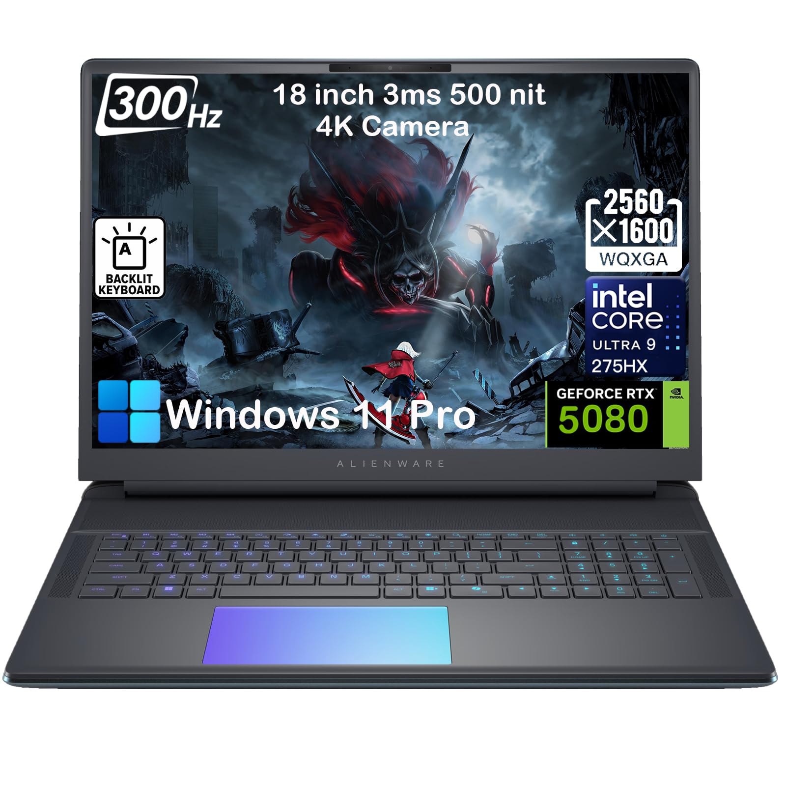 18 Area 51 Gaming Laptop - RTX 5080 16GB GDDR7, Intel Ultra 9 275HX (Up to 5.4GHz), 18" WQXGA 300Hz Display, AlienFX RGB KB, 4K Camera, Win11 Pro(64GB DDR5 RAM | 8TB SSD)
