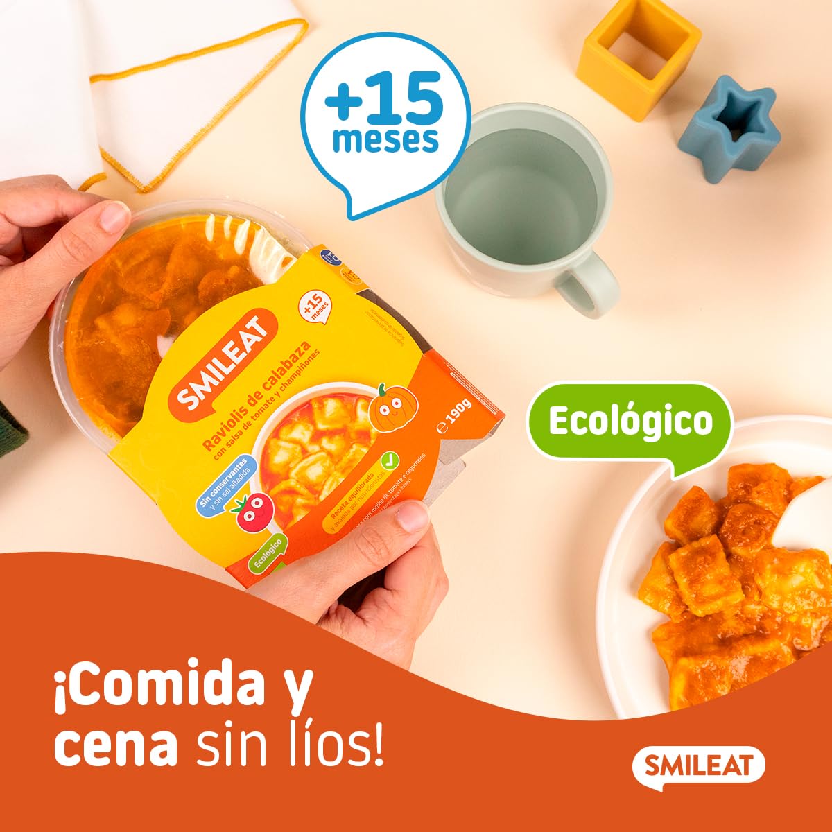 Smileat - Pack de 8 Platitos de Raviolis de Calabaza con Salsa de Tomate y Champiñones – Ecológico, Sin Conservantes – Ideal para Peques +15 meses – 190g x 8