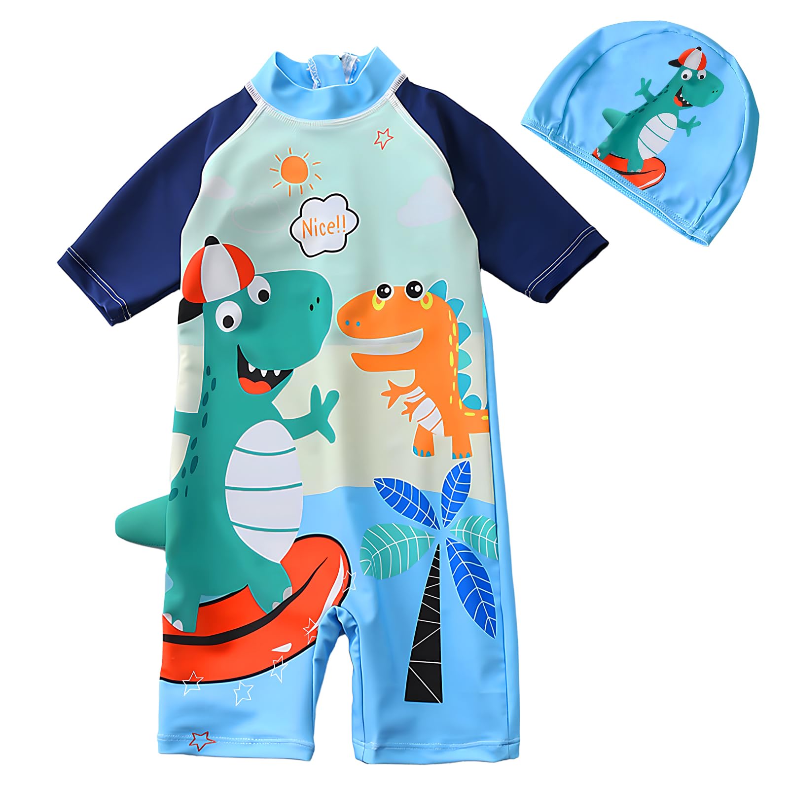 dellyy Bañadores de Una Pieza Niño UV 50+ con Gorra, Traje de Baño Niño de Manga Corta con Cremallera y Botones a Presión, Bañador Bebé Protección Solar para Playa y Piscina