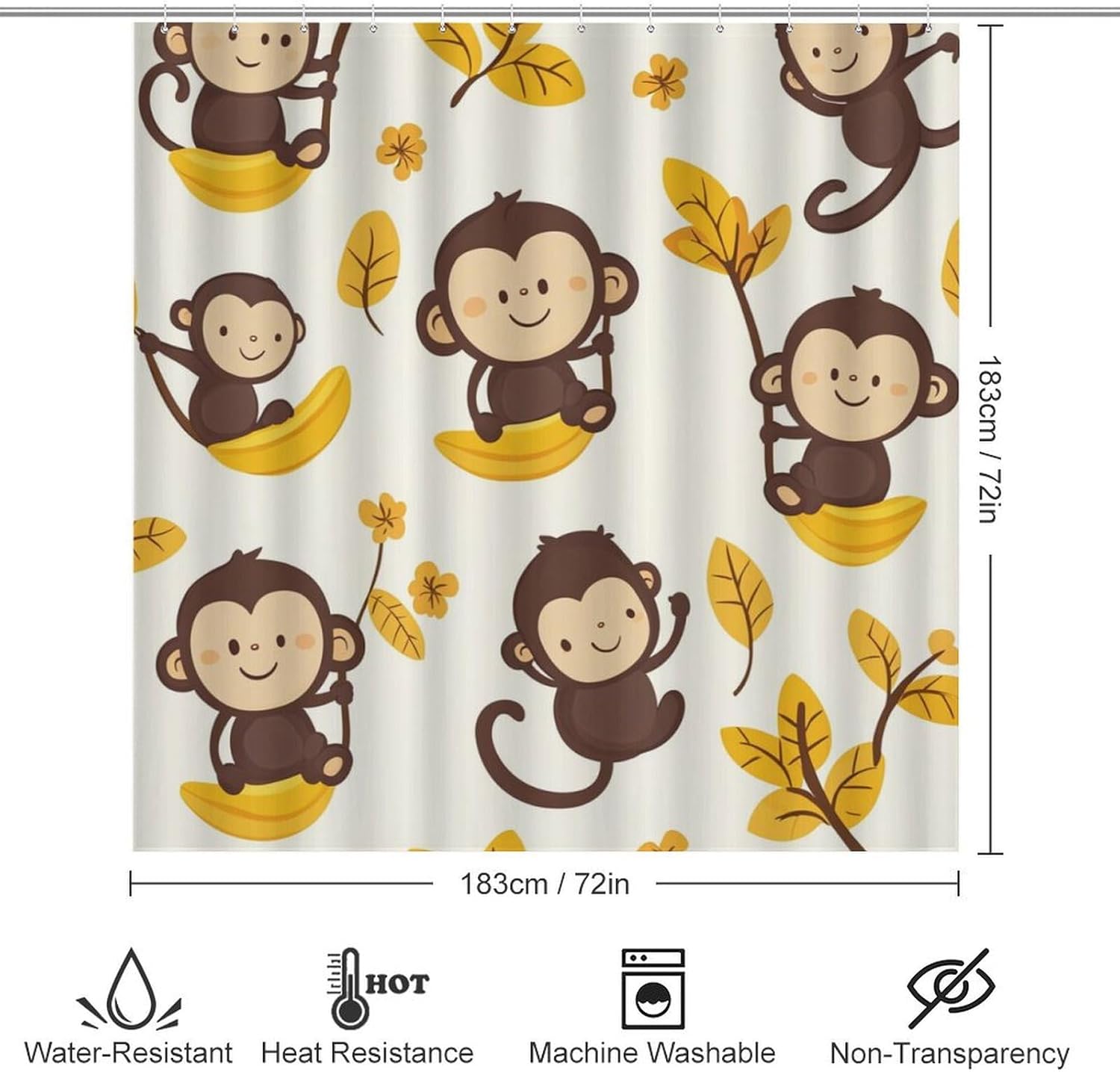 4Pcs Funny Cartoon Monkey Shower Curtain Sets, Bathroom Decor Set with Rugs, Bath Mat Cute Animal Foliage Floral Shower Curtain, 72 X 72 Inch