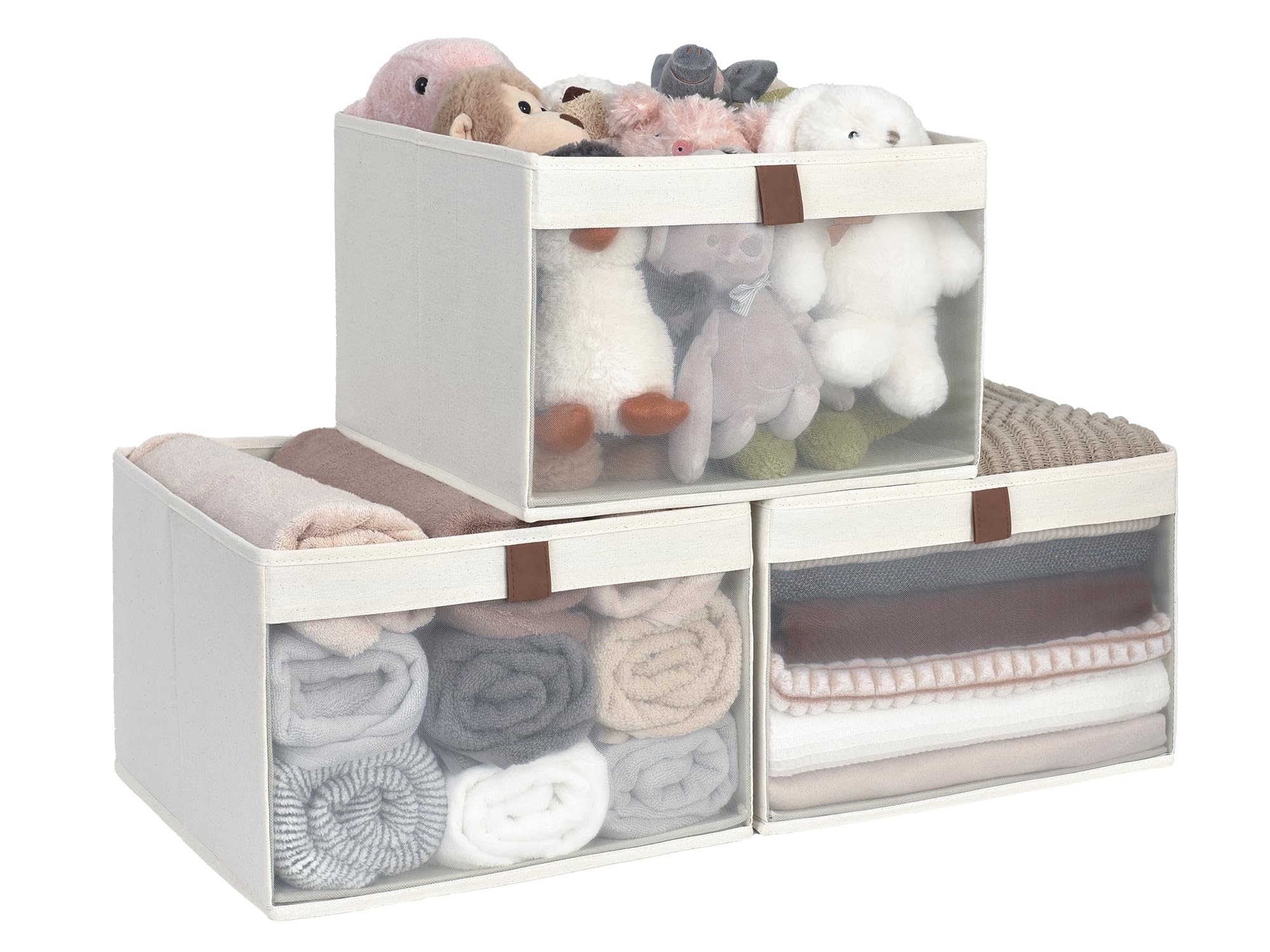 StorageWorks Storage Boxes, Fabric Storage Boxes for Shelves, Wardrobe Storage Baskets with Clear Window, Cube Storage Baskets with Handles, Foldable Organiser for Clothes, Beige, 3 Pack โ image 1