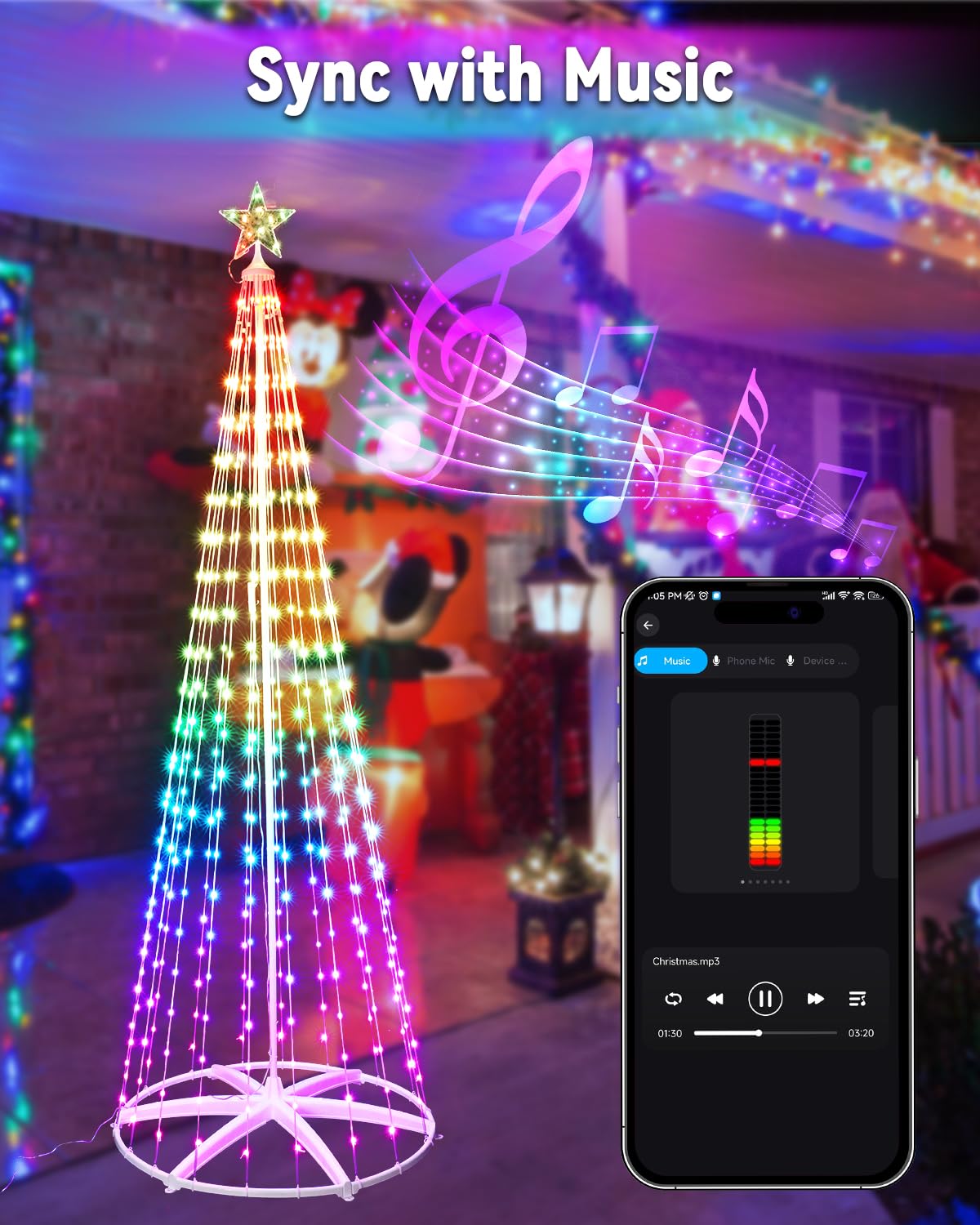 8.2 ft 406 LED Height Smart Christmas Cone Tree Lights + Star Tree Topper with Removable Bracket, App Control, Sync with Music, Smart Waterfall Colored Lights for Indoor Outdoor Xmas Decorations