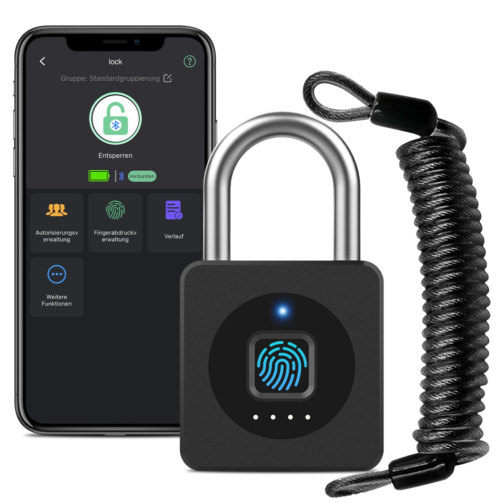 Lucchetto con impronta digitale, lucchetto con app, lucchetto con cavo in acciaio senza chiave, biometrico intelligente, impermeabile, per palestra, armadietto, casco, cancello bagagli