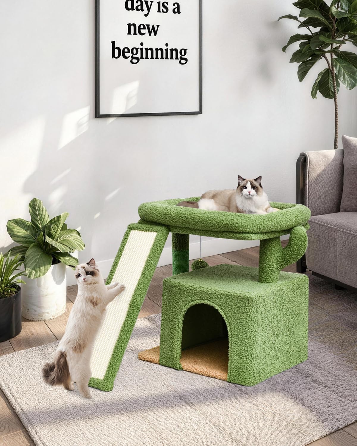 Small Cactus Cat Tree for Indoor Cats, Green Cat Tower with Scratching Post & Board, Unique Cactus Cat House with Perch for Kittens, Stable Condo and Stand (Green)