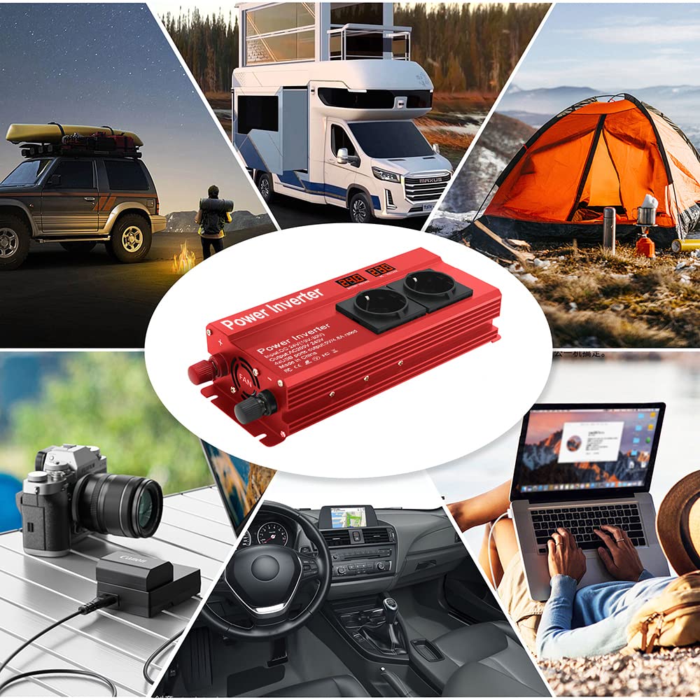 LVYUAN Wechselrichter 24V 230V 2000W Spannungswandler mit 3 Steckdose und 4 USB LED Spannungsanzeige