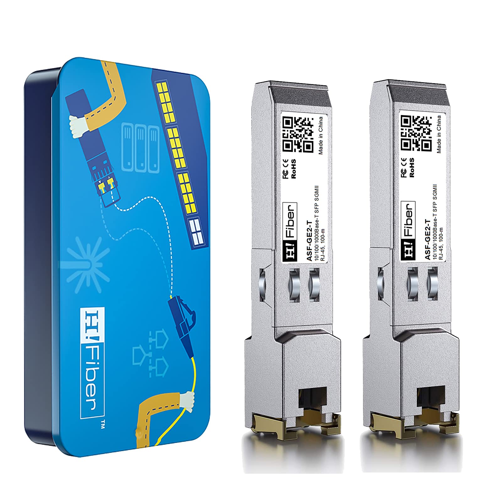 H!Fiber.com 10/100/1000BASE-T SFP Transceiver, Gigabit RJ45 Auto-Negotiation Data Rate Mini-GBIC Copper SFP Module Compatible with Cisco GLC-T/SFP-GE-T, Cisco Meraki, Reach 100m, 2 Pack