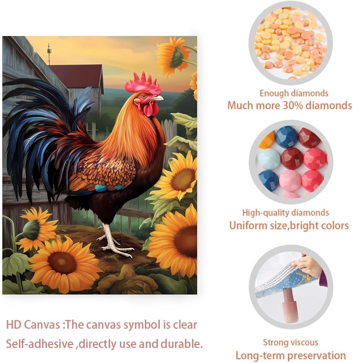 Worihut DIY 5D Sunflower Farm Rooster Diamond Painting Kit for Adults, Round Full Diamond Art Kit, Chicken Diamond Painting Art Painting Crafts Home Wall Art Decor Personalized Gift 16x24 Inch