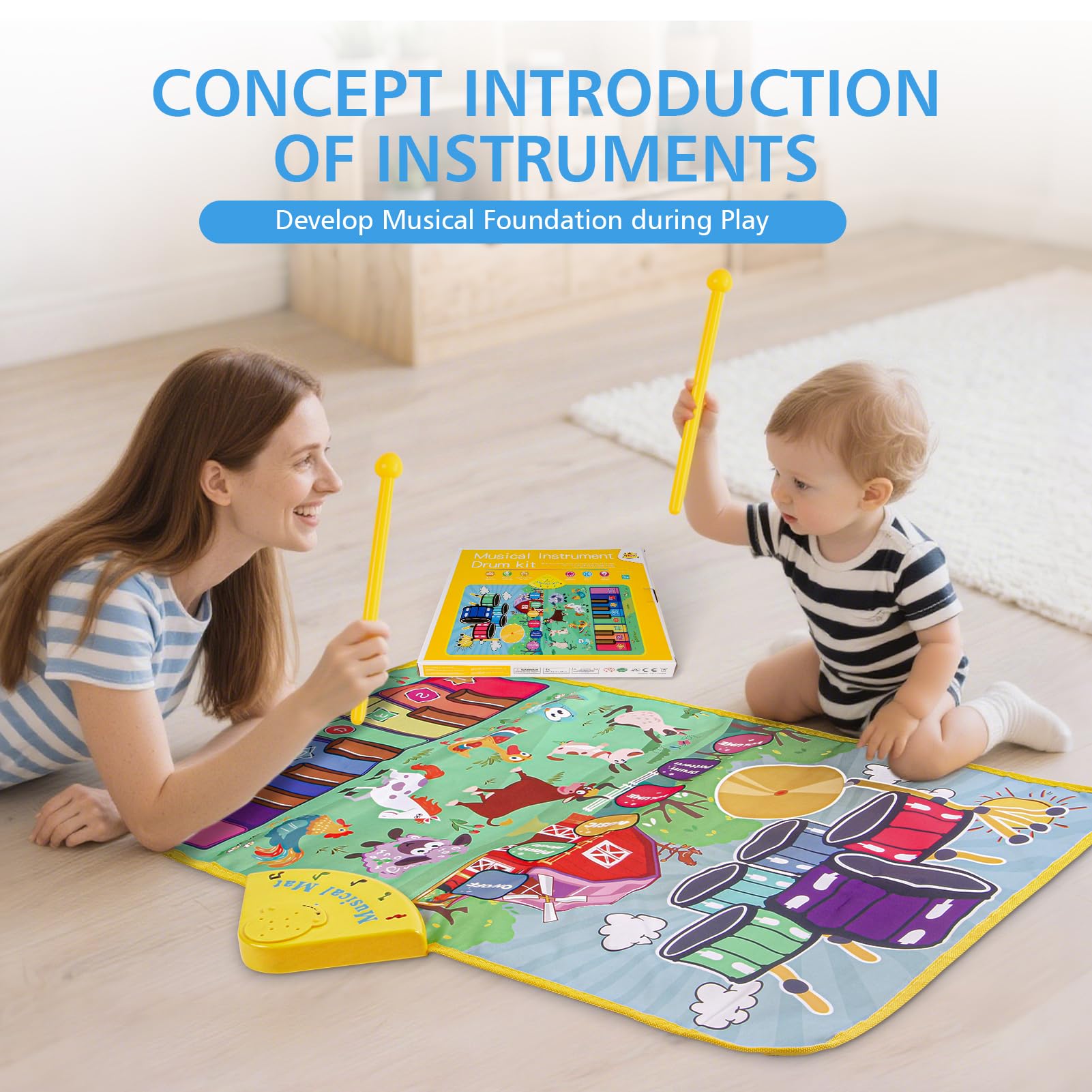 Alfombrilla de piano con sonidos musicales de animales de granja para niños, juguete educativo sensorial de aprendizaje con batería para niños pequeños, tapete interactivo para tocar el suelo 3