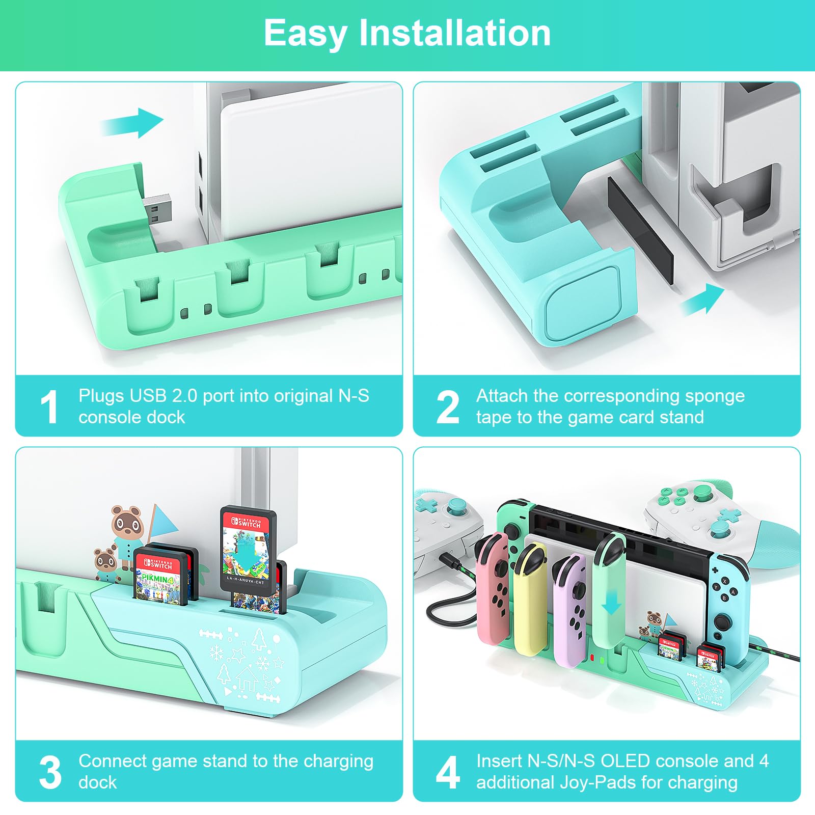 Animal Crossing Edition Switch Controller stacja dokująca do ładowania – ładuje do 6 joyconów, kompatybilny z modelem Nintendo Switch & Switch OLED, złącze USB-C, przechowywanie kart do gier