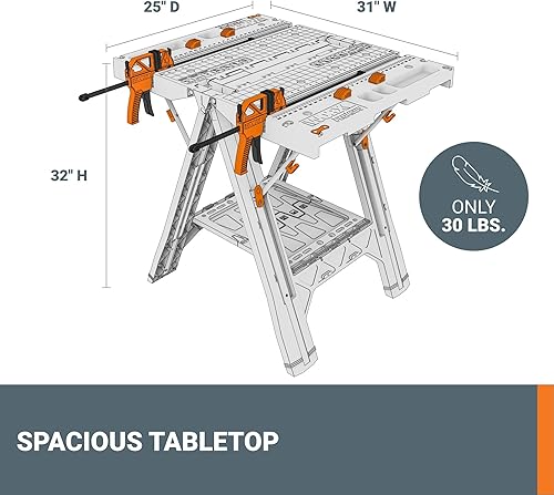 Miniatura 4 de Worx Pegasus 2-in-1 Folding Work Table & Sawhorse, Easy Setup Portable Workbench, 31" W x 25" D x 32" H Lightweight Worktable with Heavy-Duty Load