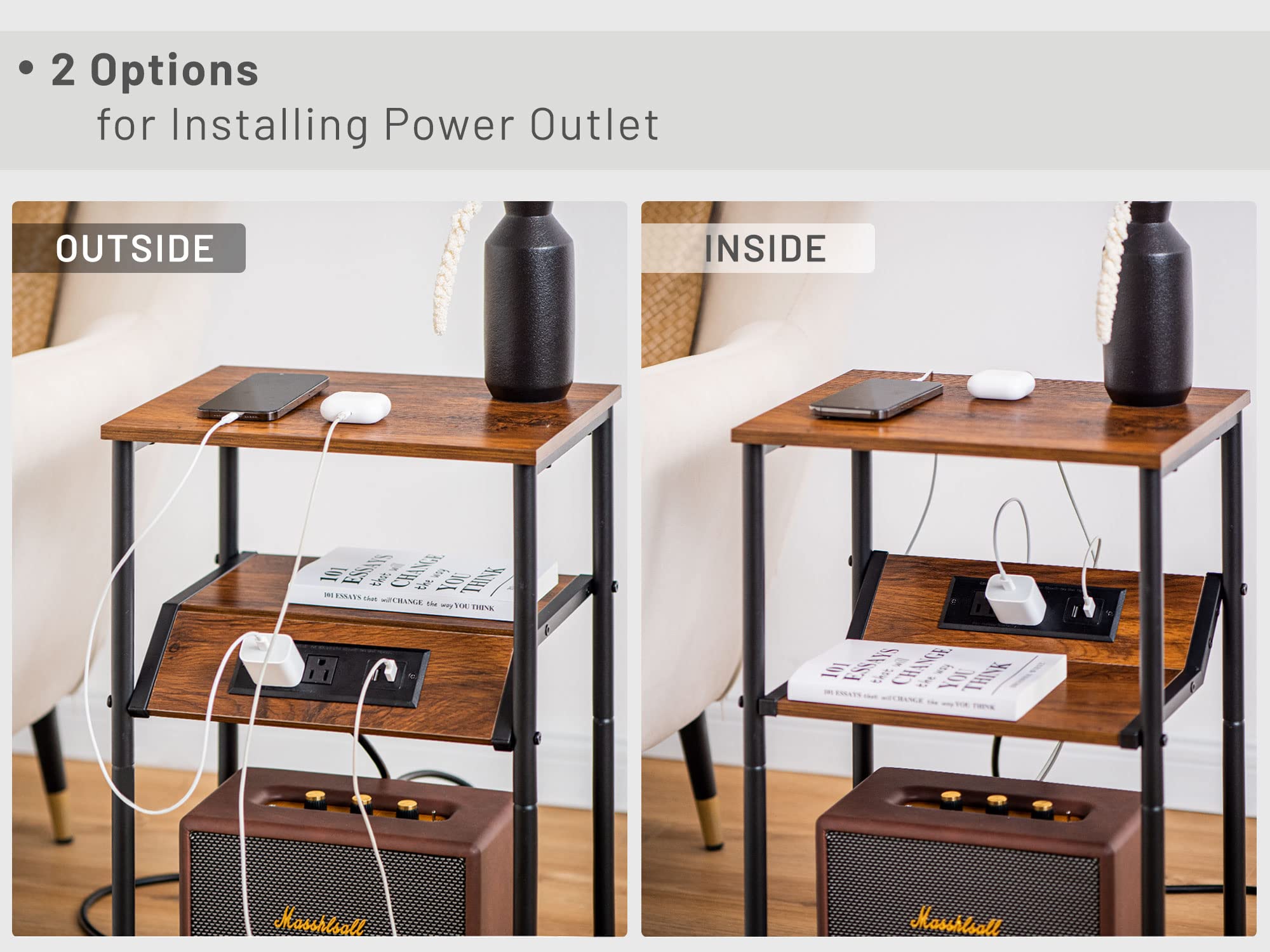 Labcosi Side Table with Charging Station, Bedside Nightstand with 3-Layer Storage Shelves, End Table for Living Room, Bedroom, Rustic Brown Color, Modern Table for Sofa and Bed