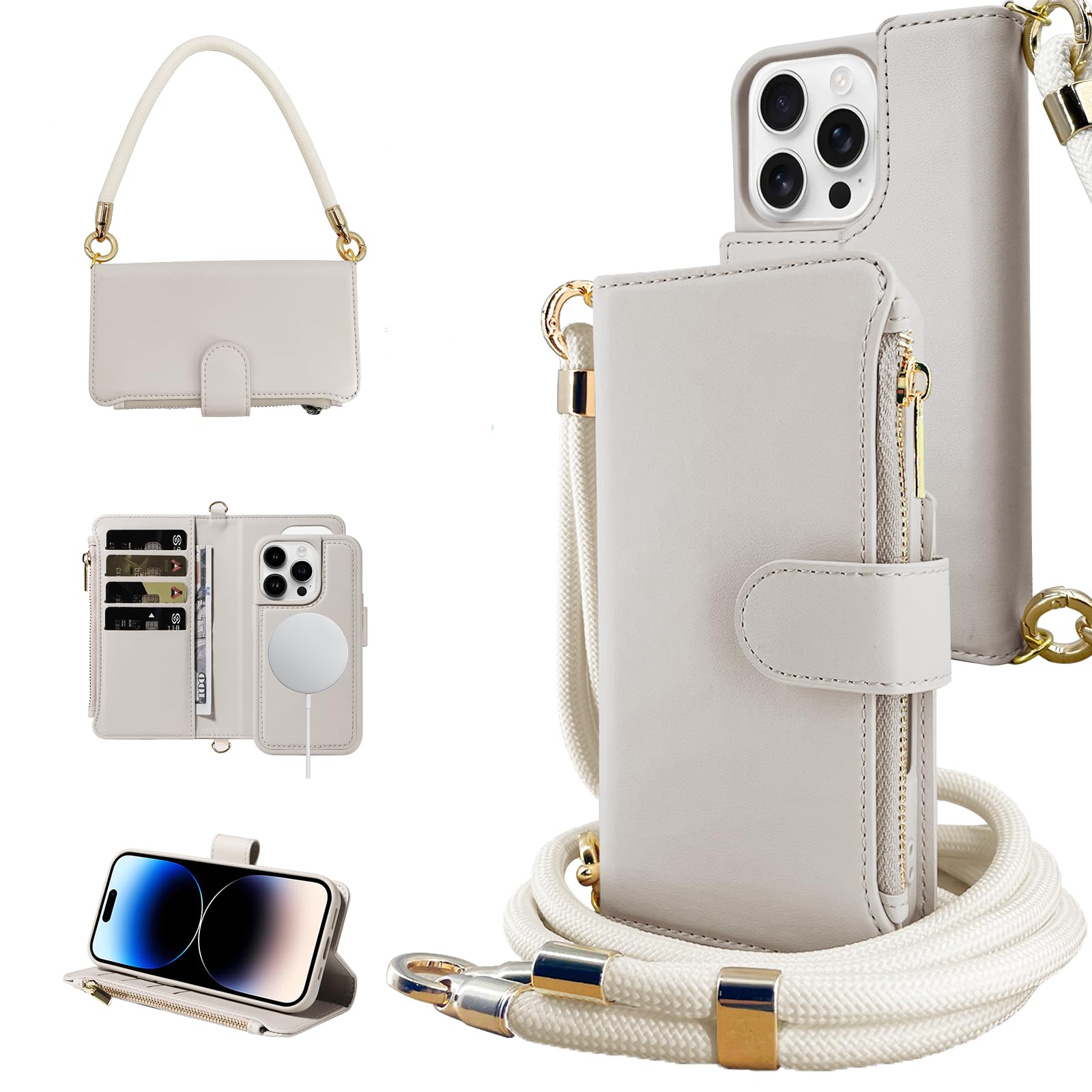 EEIFO for iPhone 16 Pro(6.3 inches) Detachable Wallet Case with Crossbody.Multi-Function 2 in 1 Magnetic Wallet Case with Card Holder.Flip Strap