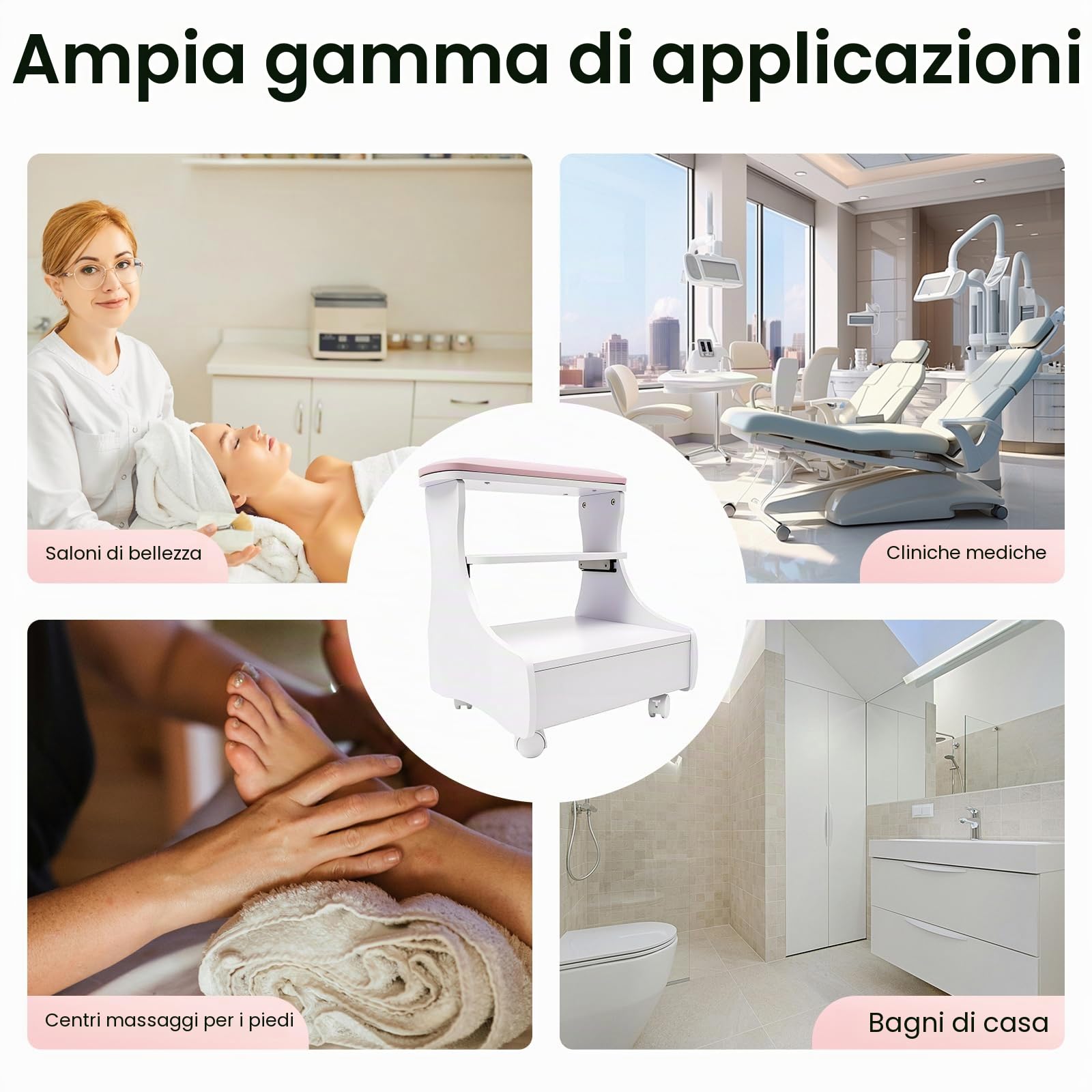 Carrello per pedicure, mobile a rotelle per manicure e cura, sgabello a quattro ruote con vassoio e stoccaggio, con poggiapiedi, ideale per salone di bellezza, spa e uso domestico