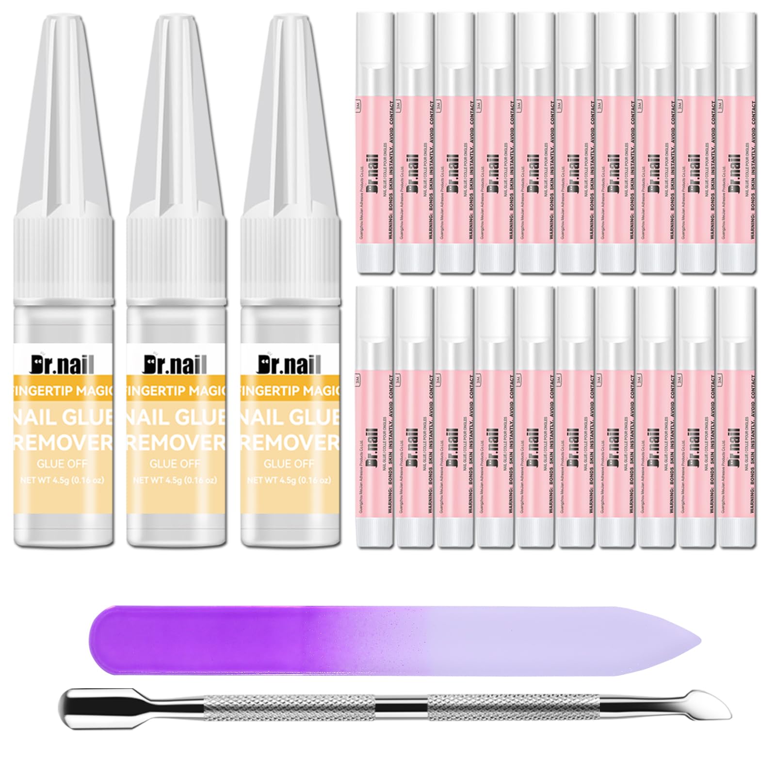 Dr.nail Super Strong Nail Glue for Acrylic Nails, 20Pcs Nail Glues for Press On Nails Tips with 3Pcs Glue Removers, Quick Drying Long Lasting, No UV