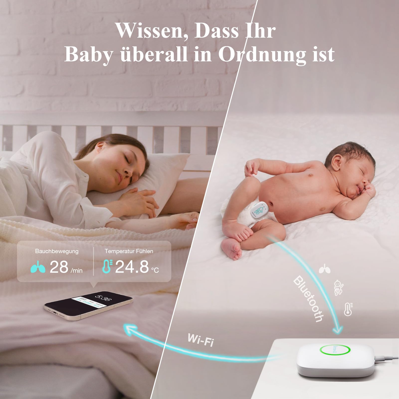 Sense-U Pro Baby-Bewegungsmonitor (große Reichweite): Erfasst Bewegung, Umdrehen & Temperatur überall, mit Vibrationswecker, akustischen Alarmen & Schlaferfassung