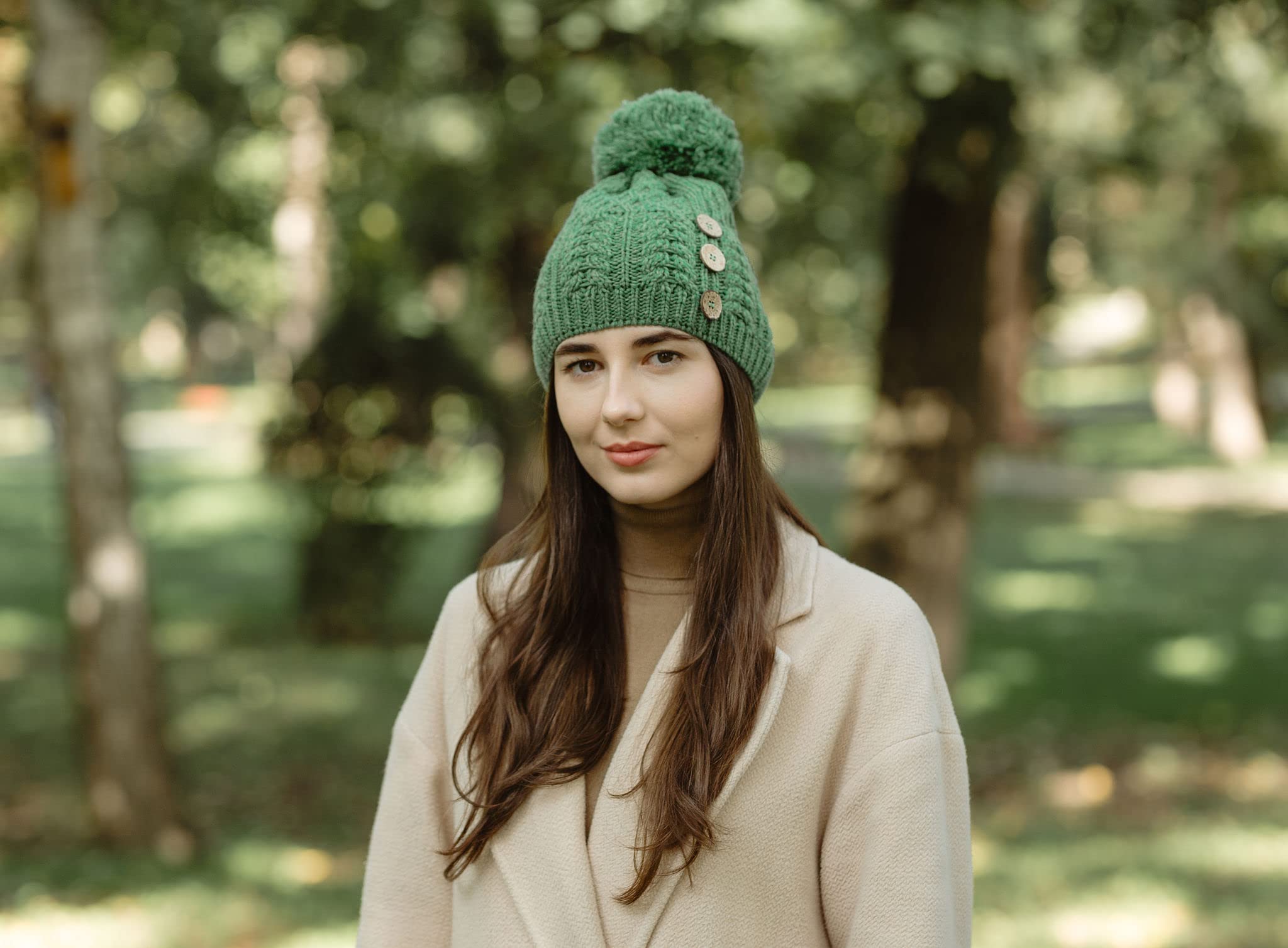 SAOL Bonnet à pompon 100 % laine mérinos pour femme fabriqué en Irlande