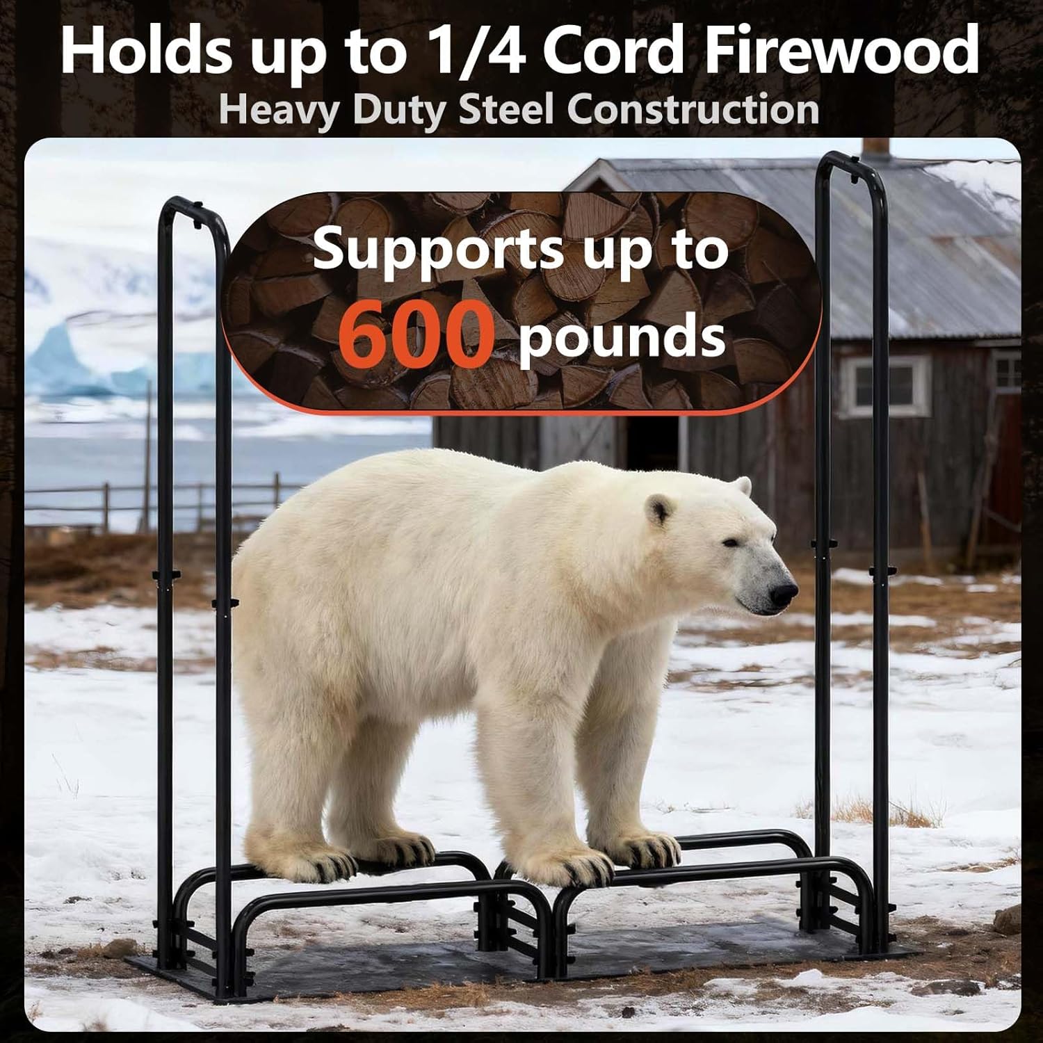 4ft Firewood Rack Outdoor with Cover，Heavy Duty Wood Storage Rack with Waterproof Adjustable Cover for Fireplace, Patio, Deck, Indoor/Outdoor Log Holder for 1/4 Cord of Firewood, Black
