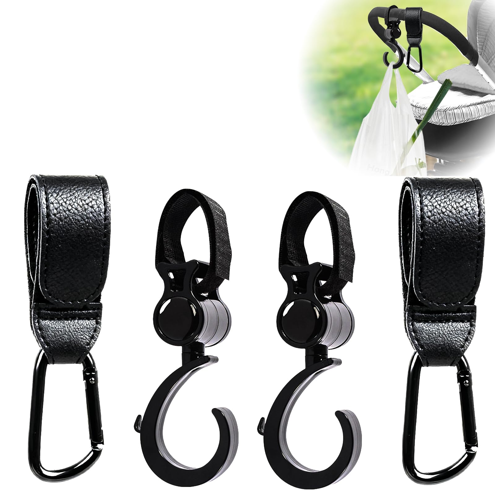 4PCS Baby Stroller Hooks With Velcro, 360° Stroller Hook Heavy Duty, Premium Leather Accessories, Suitable for Scenarios Such As Baby Strollers, Electric Bikes,Electric Scooters