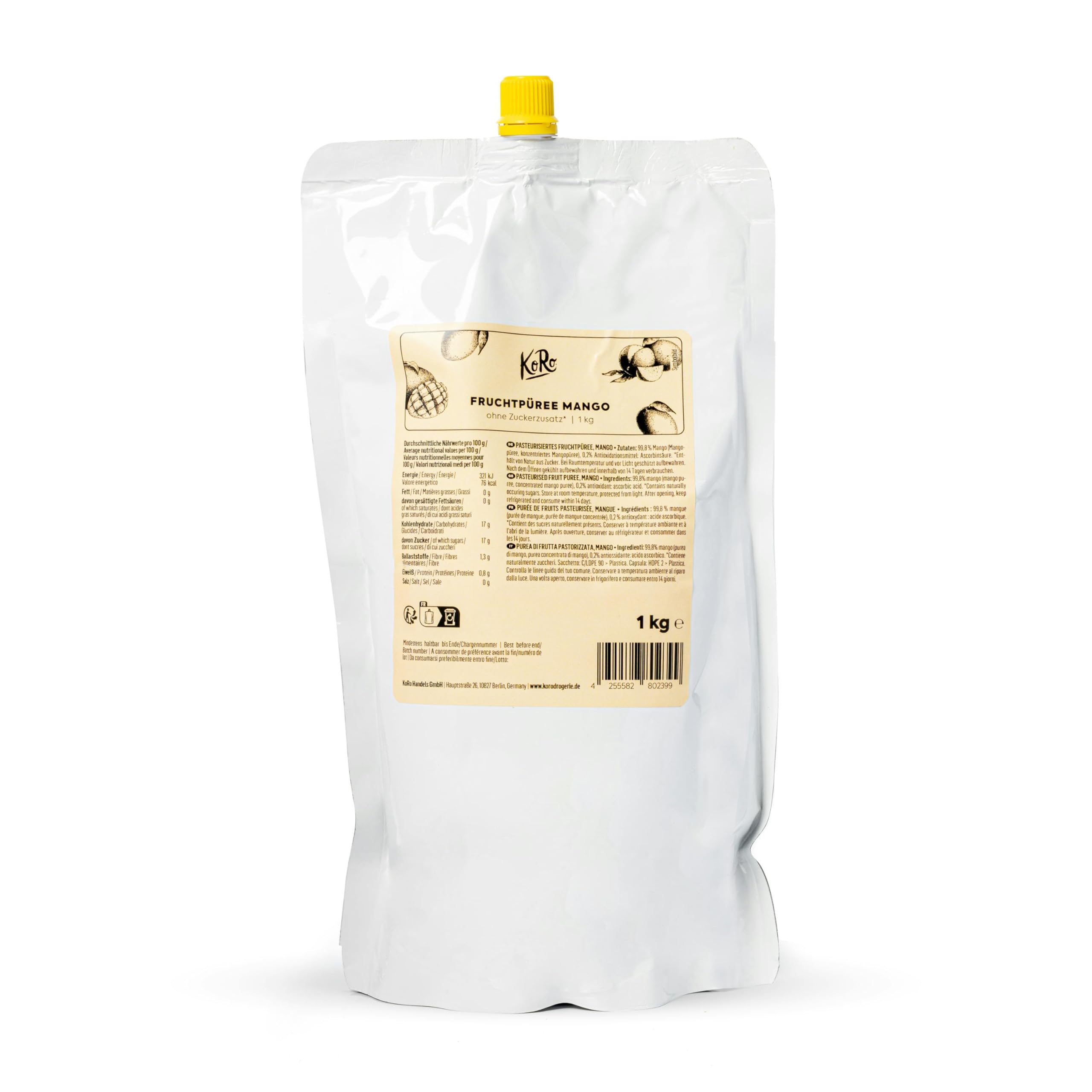 KoRo - Fruchtpüree Mango 1 kg - Ohne Zuckerzusatz - 100 % sonnengeküsste Mangos - Lecker für Currys & Desserts