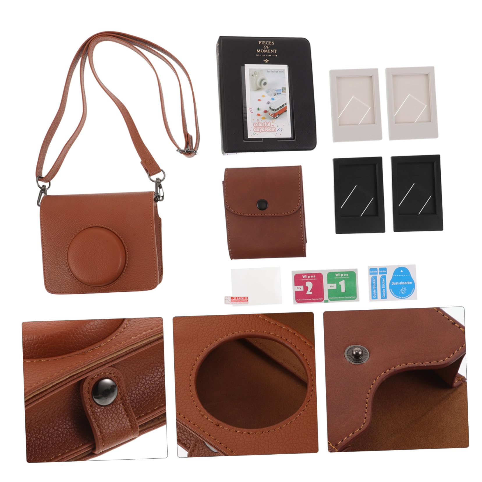 Homoyoyo Protectora de PU para Cámara Mini con Correa Ajustable Álbum de Fotos y Protector de Pantalla de Cristal Templado Compatible con Instax Mini Bolso de Hombro para Viaje Pack Marrón
