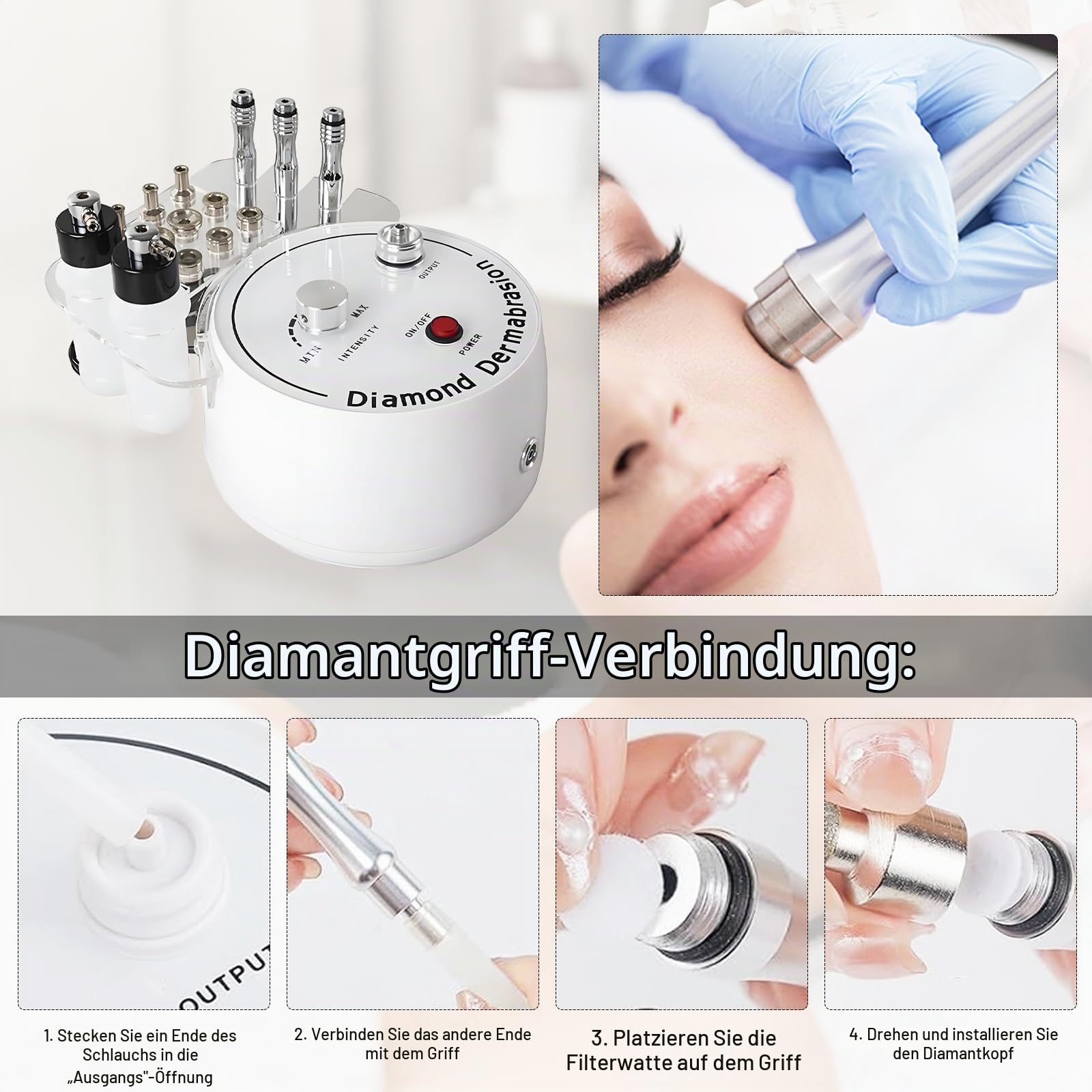 Diamant Mikrodermabrasionsgerät 3-in-1, Aquafacialgerät Peeling Gesichtshautpflegeausrüstung mit Vakuumglasröhre und Sprühflasche Gesichtsreinigungsgerät für Persönlichen Heimschönheitssalon