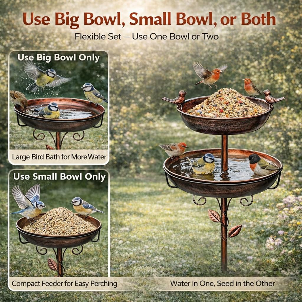 Bird Bath for Outside, 46In Vintage Freestanding Birdbaths with 2 Bird Decor, Double Metal Bird Bath Feeder Bowls Detachable for Garden Patio Yard Lawn Decor Upgraded 5-Pronged Base (Antique Bronze)