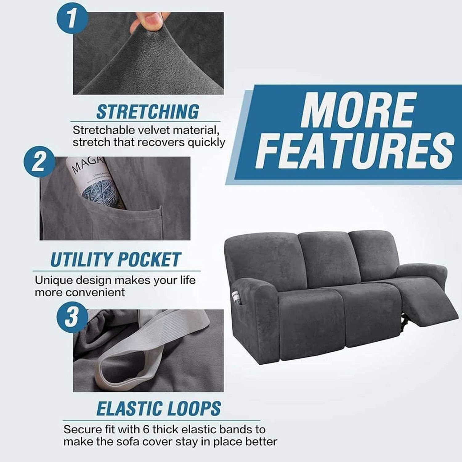 Funda for sillón reclinable Relax de Terciopelo elástico de 1 Plaza, 4 Piezas con Bolsillos Funda for sillón eléctrico reclinable Relax(Grigio,3 posti)