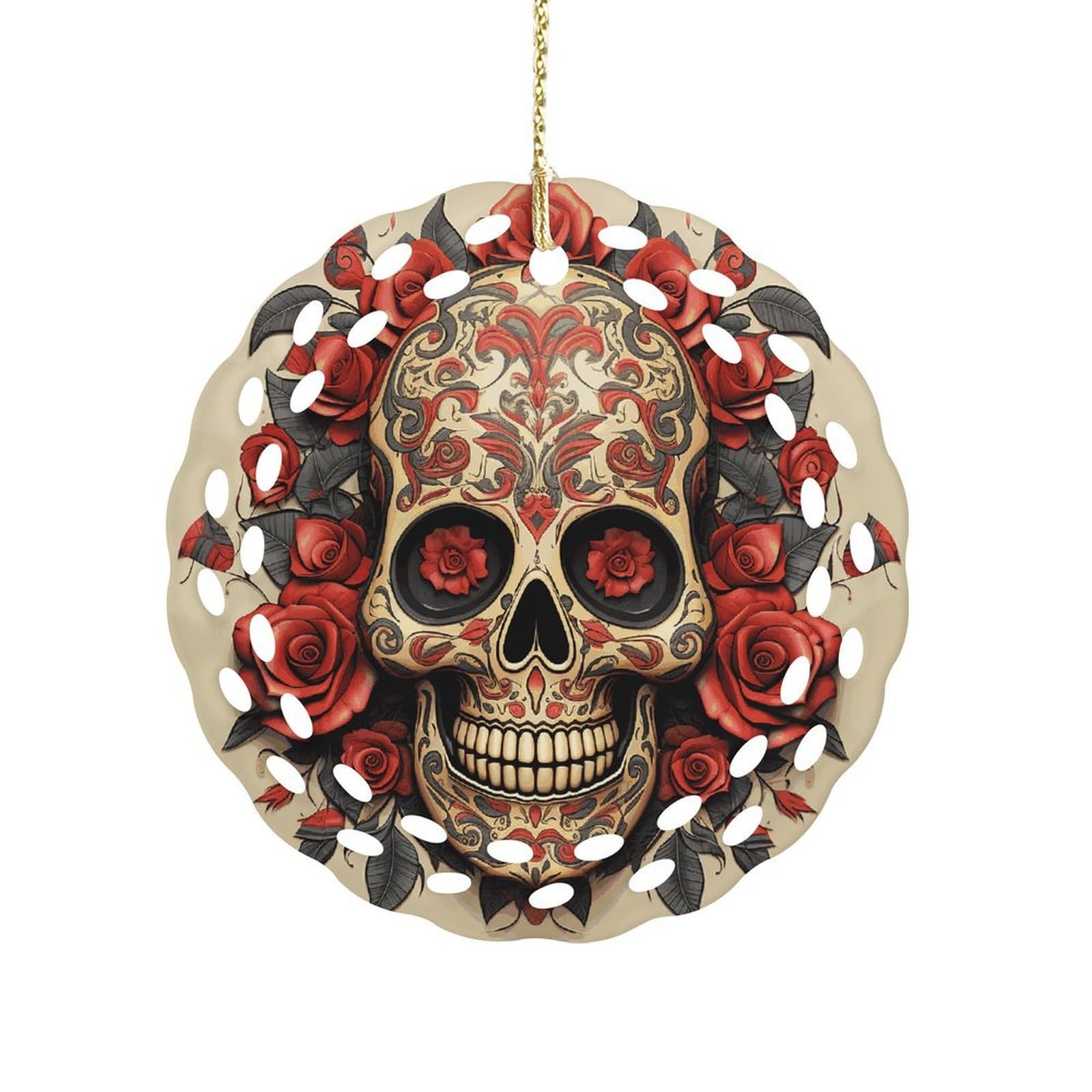Wsoihfec Women's Style Red Rose Sugar Skull Hanging Ornament 3 Inch Round,1-Pack,Xmas Decor -Two-Sided Printed,Friend Ornament Gifts For Friends Coworker Sisters