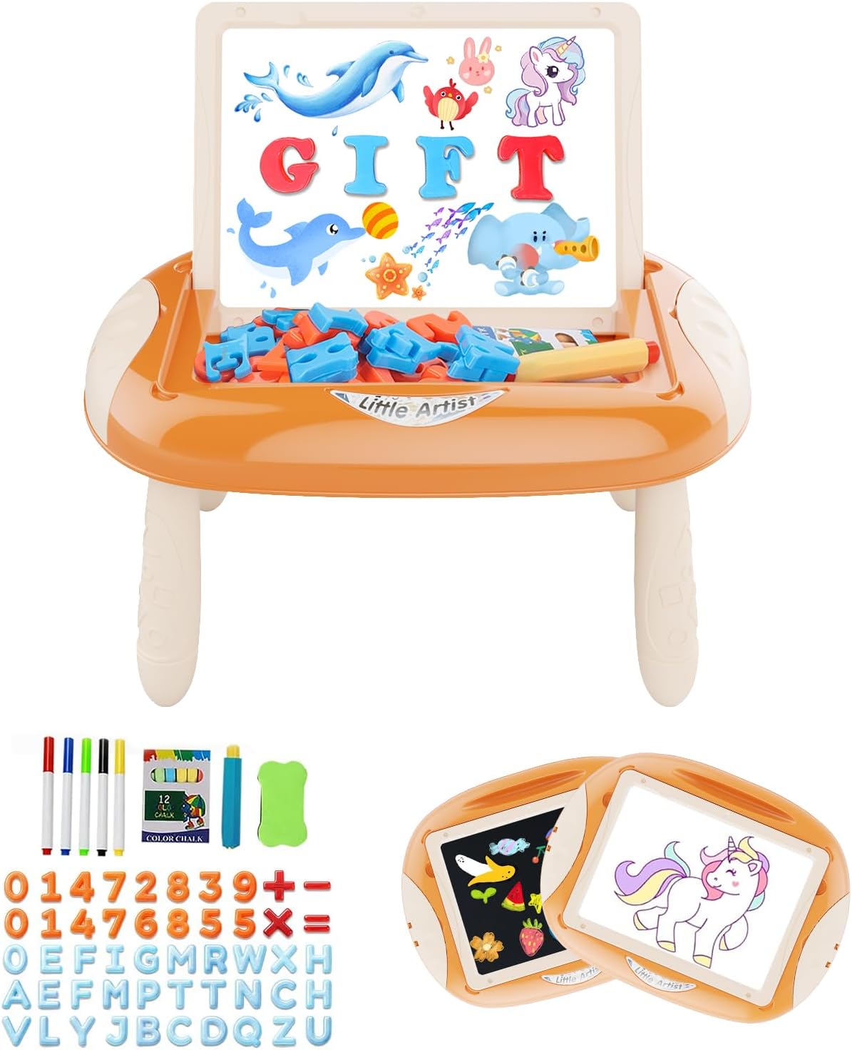 Gift for 1-2 Years Old Toddlers, Toddler Toys with Magnetic Letters and Numbers, Portable Doodle Board Easel, Learning and Educational Toy for 1-2 Years Old Boys Girls (Creamy Orange)