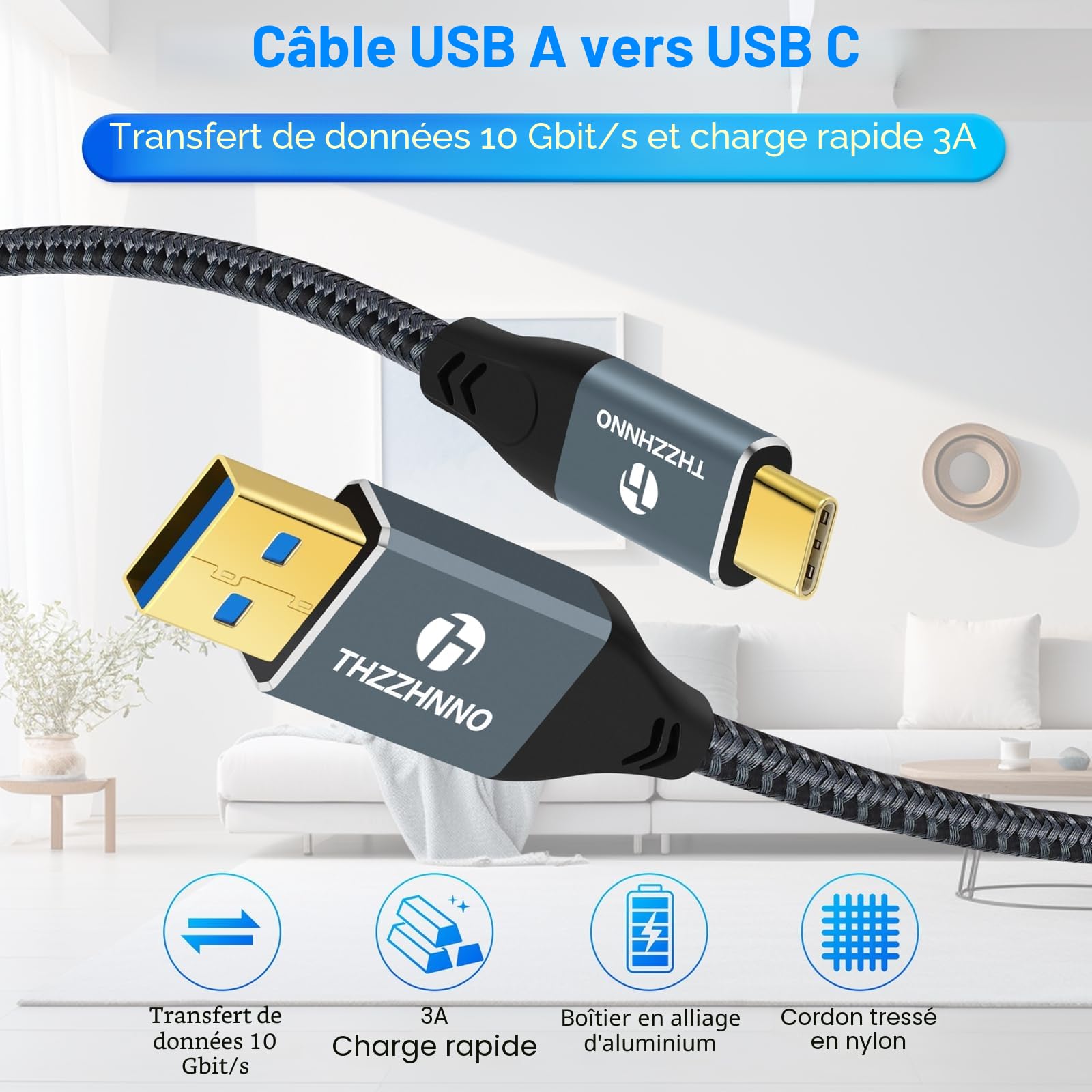 Câble USB A vers USB C 8M, USB 3.1 USB 3.2 Gen2 5Gbps Transfert de Données pour Samsung Galaxy/iPhone 15/MacBook Pro/iPad Pro