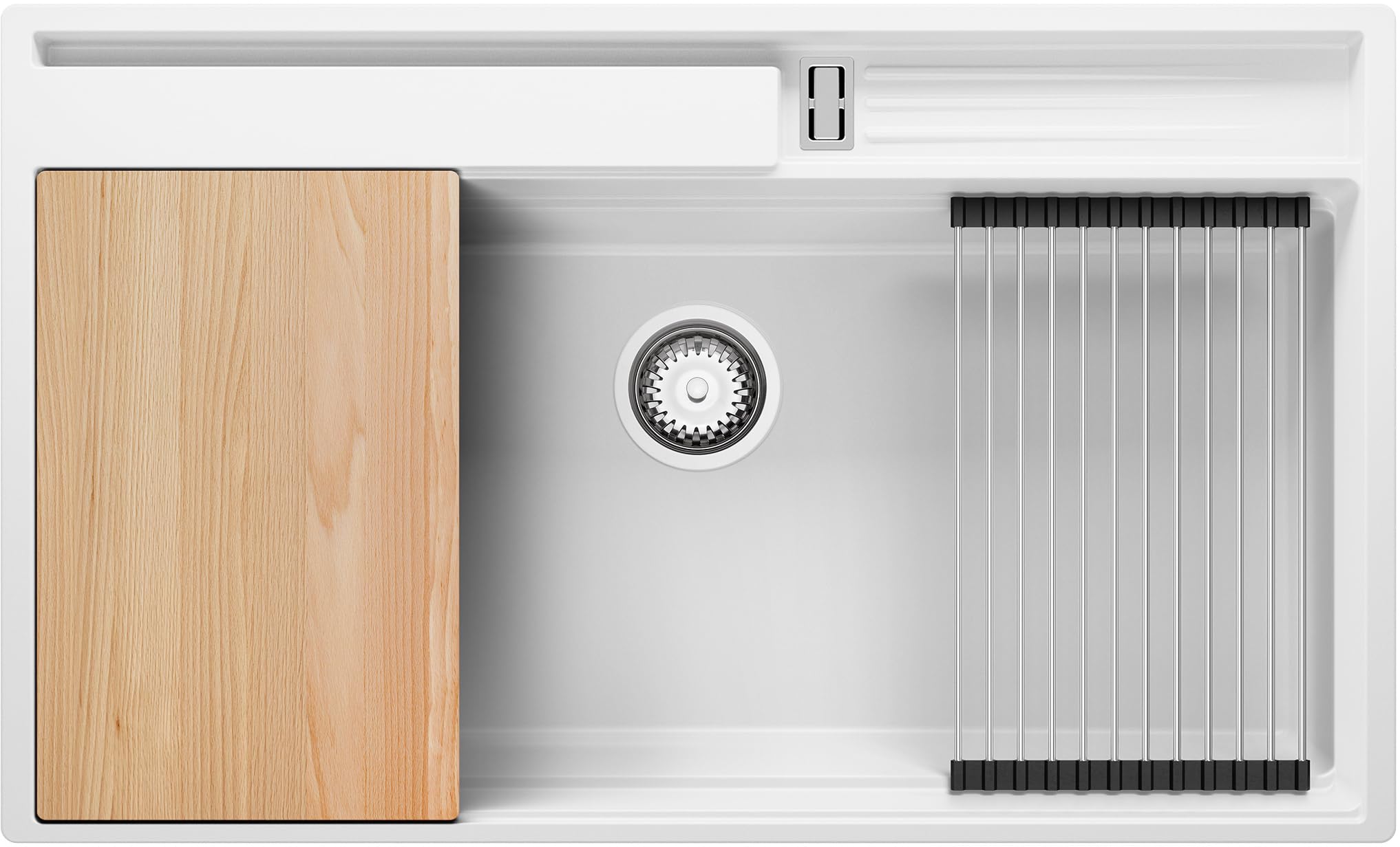 PRIMAGRAN Lavello da Cucina Bianco 88x53cm, Lavandino in Granito a 1 vasca + Sifone Classico, Lavabo da Cucina Incasso al Mobile 90cm - Oslo 90 Pocket S456