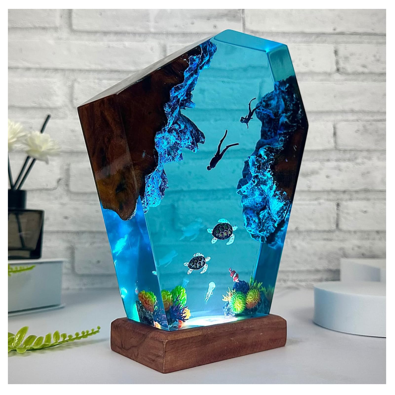 Veilleuse LED Océan, Lampe Plongeur Océan en Résine Recyclée Faite À La Main pour Bureau Bureau Salle De Bain Décor,8 * 5in