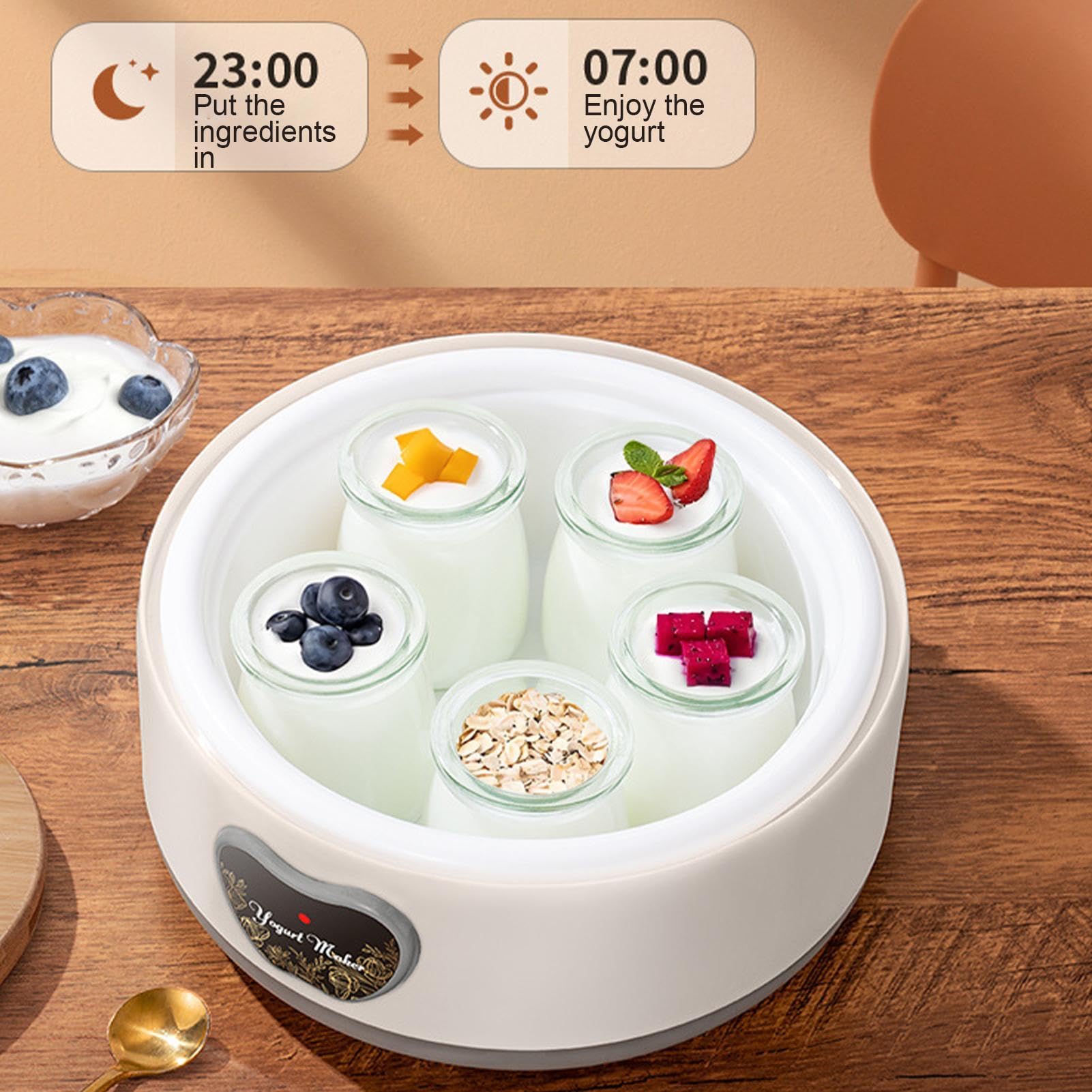 Genérico Yogurtera, Yogurtera Probiótica de 1.2 L con Tapa, Recipientes para Yogur hogar, Incubadora de Yogur Casera con 5 Frascos de Vidrio