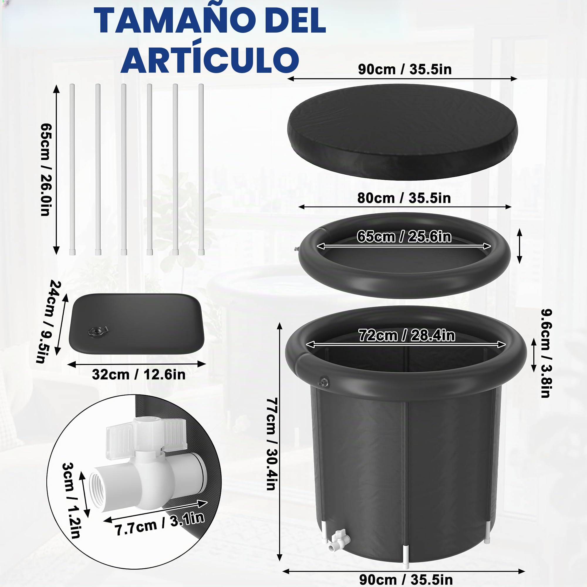 LZQ Barrica De Baño De Hielo 397L Tina Plegable Ø90 Con Tapa Y Bolsa De Transporte Para Atletas Y Deportistas, Terapia De Frío Y Regeneración Muscular