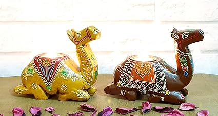 Homesutraa Hand Painted Camel Wooden Living Room Candle Stand Cum Home Decorative Tea Light Candle Holder (13 x 6 x 15.5 cm, Set of 2, Brown::Camel)