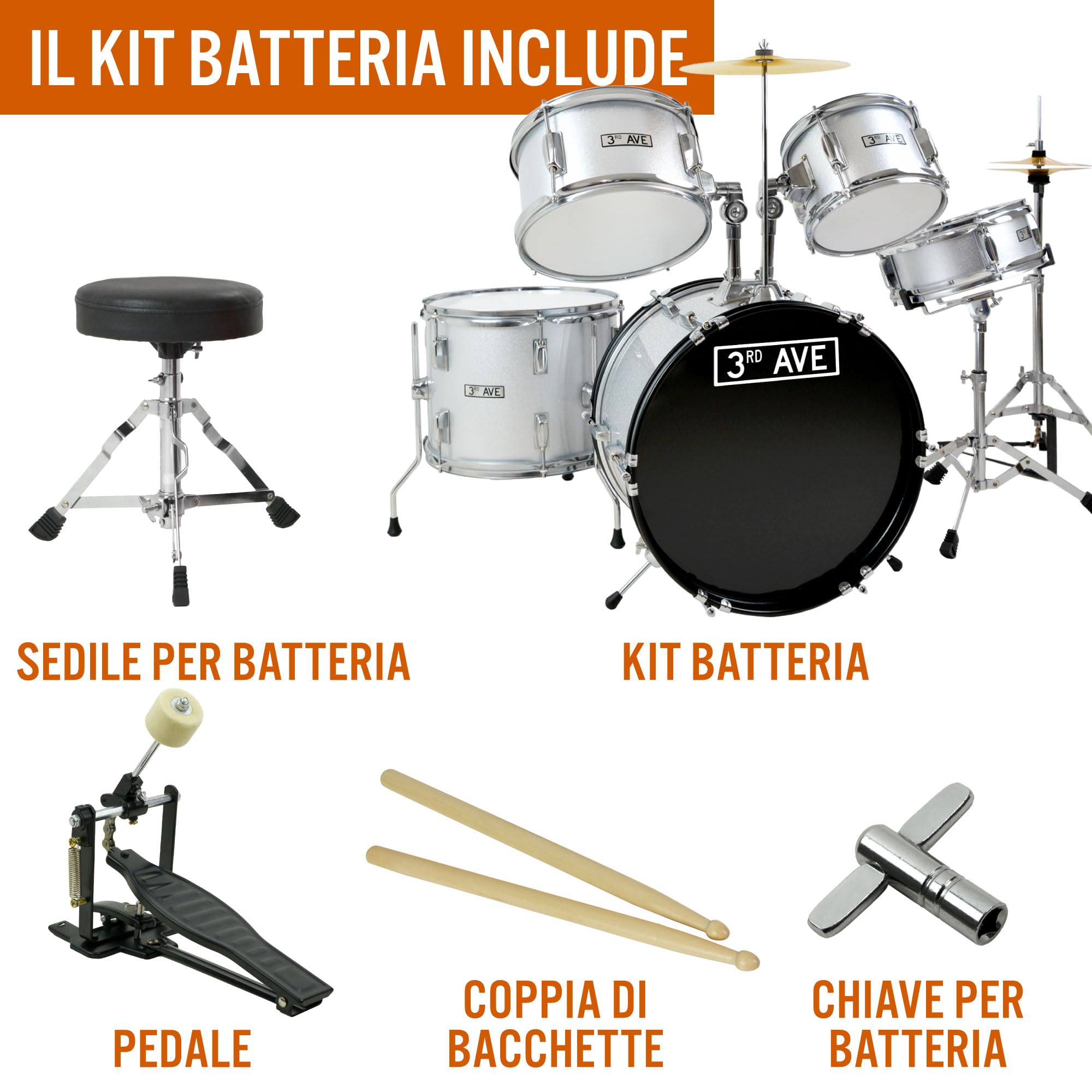 3rd Avenue Junior Batteria per Principianti per Bambini, Set di Batteria da 5 Pezzi con Piatti, Sgabello E Bacchette in Argento - Lezioni Gratuite per 6 Mesi