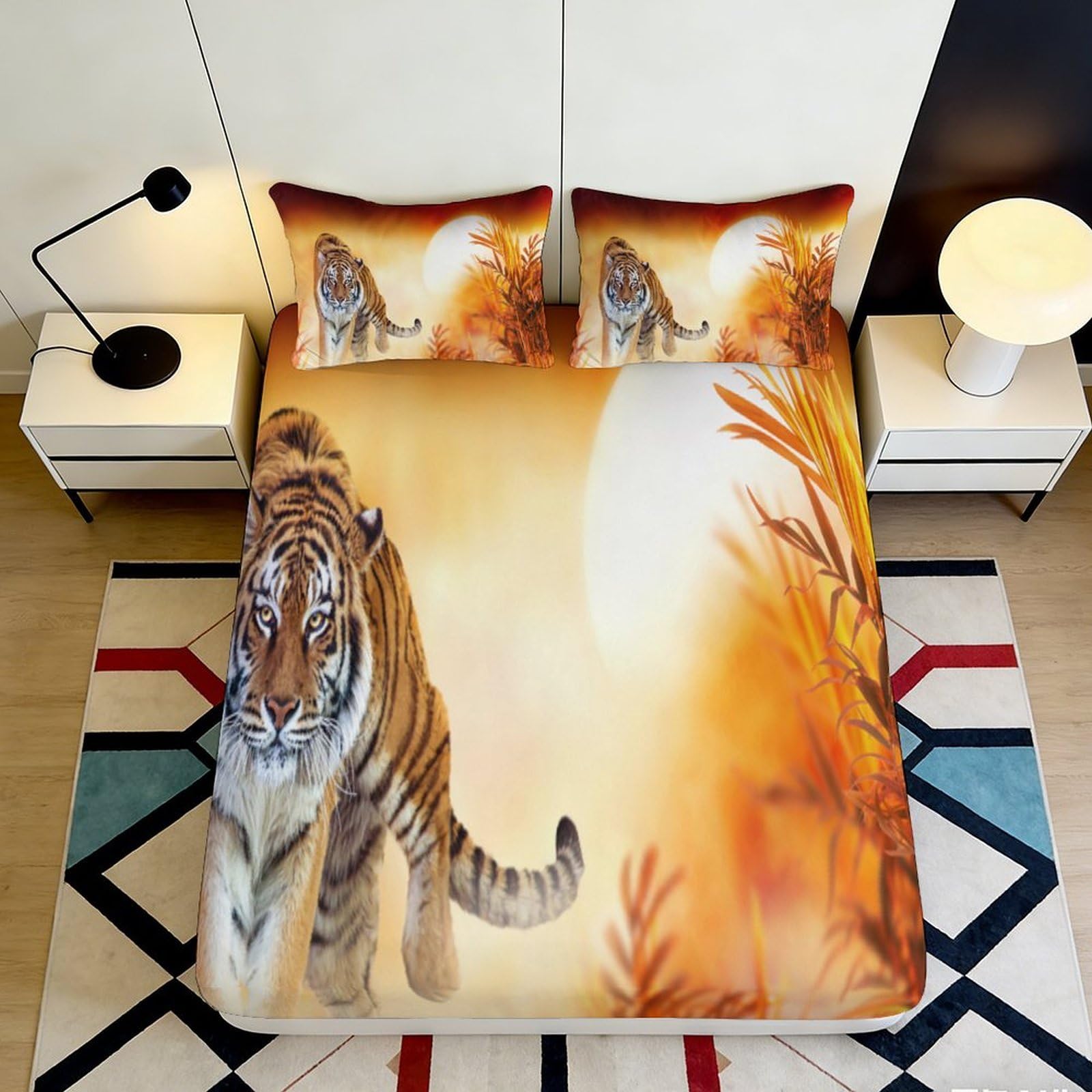 3D Printed Sunset Tiger Fitted Sheet Microfiber Soft Bedroom Decor Jungle Animal Bed Cover for Home Dorm 90x200x25cm
