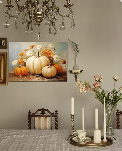 Miniatura 5 de GLOKAKA Arte de pared de calabazas de otoño y otoño, arte rústico de otoño, pintura al óleo vintage de Acción de Gracias, impresiones estiradas y