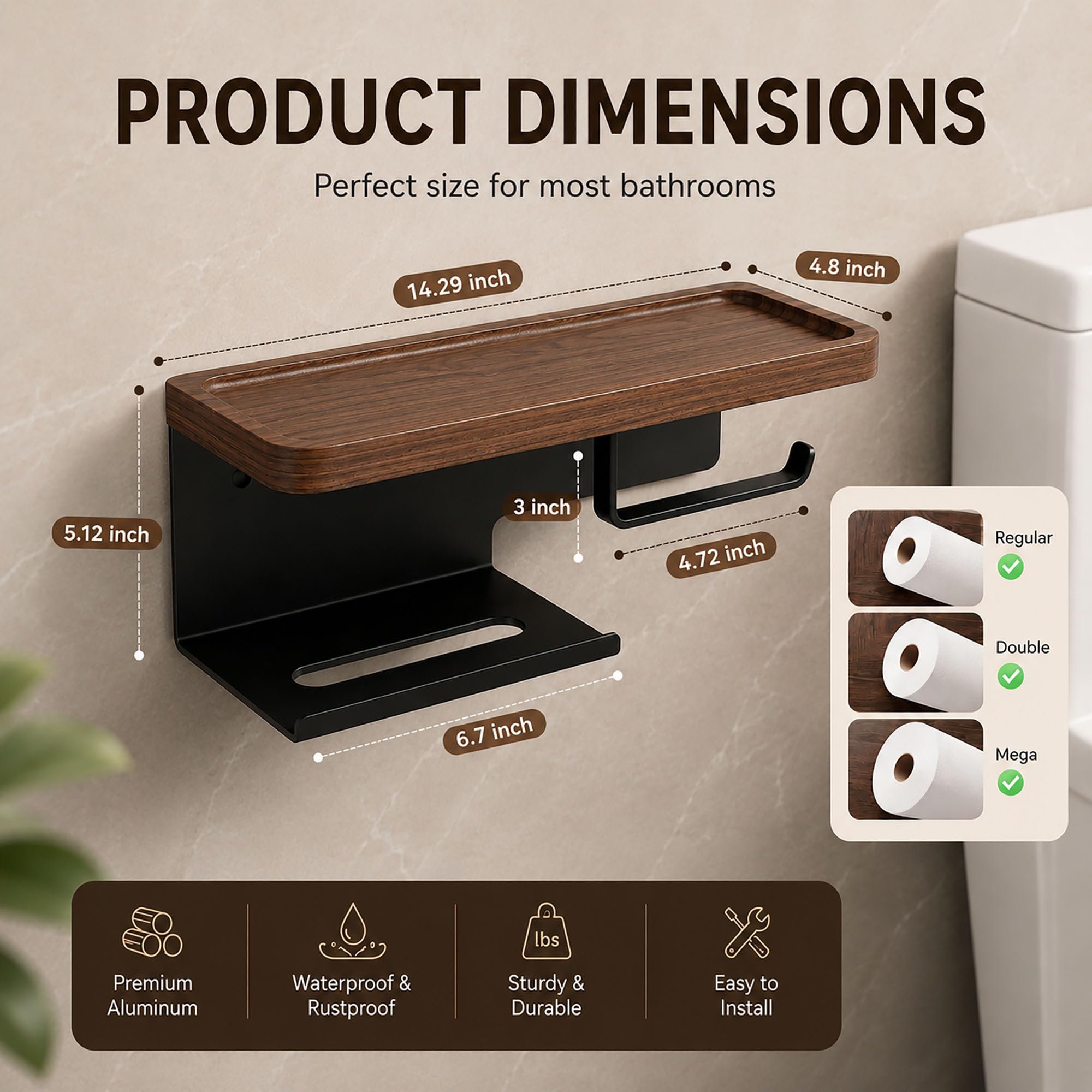 Toilet Paper Holder with Wide Walnut Shelf, Wall Mount Matte Black — Amazon image 3