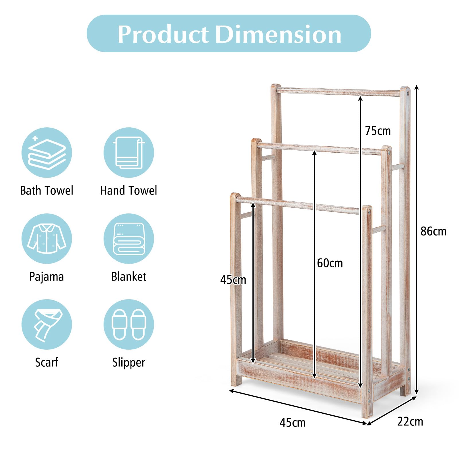 LIFEZEAL Porte-Serviettes sur Pied en Bois avec 3 Barres et Étagère, Sèche Serviette sur Pied, Support pour Serviettes Salle de Bain, 45 x 22 x 86 cm (Blanc)