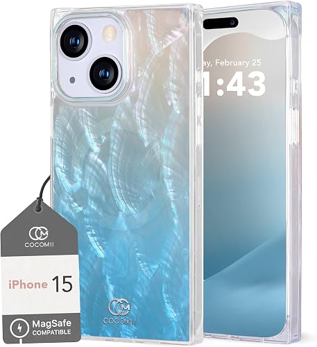 COCOMII Rectangle for iPhone 15 Case, Turquoise Real Mother of Pearl