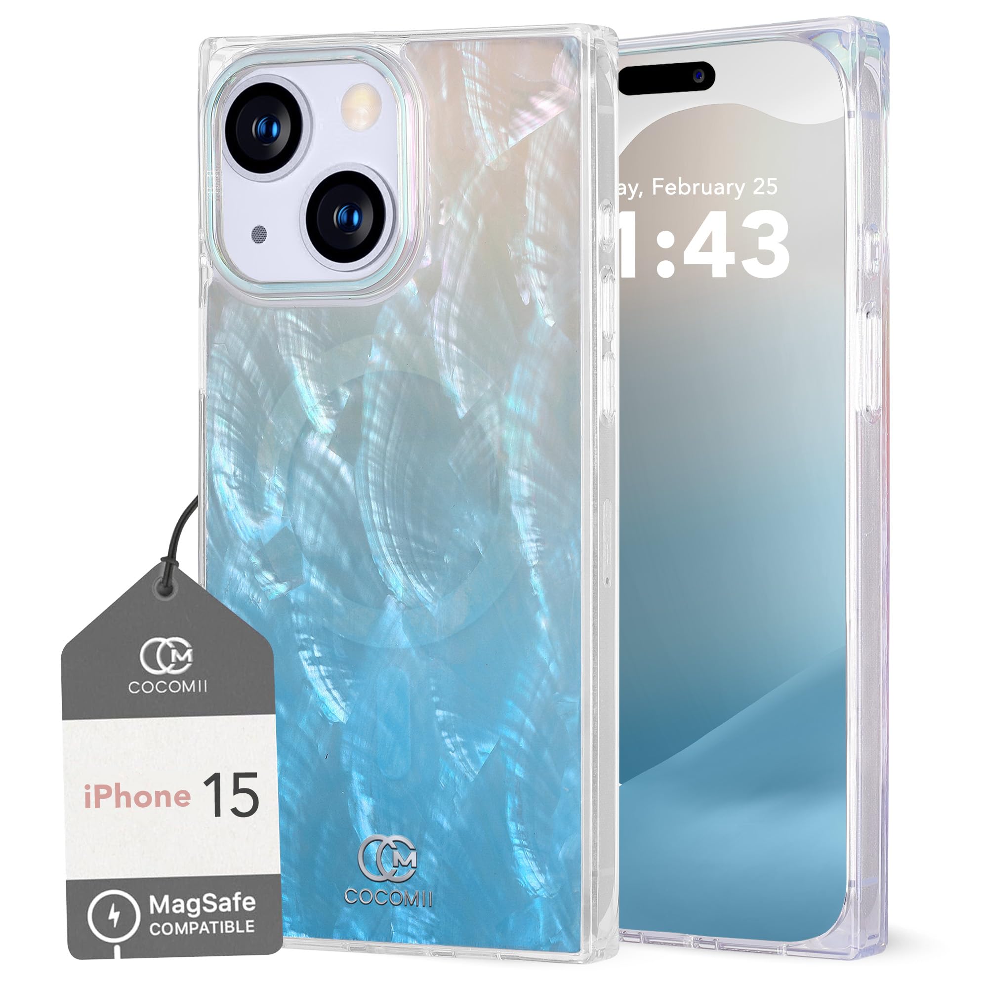 Cocomii - Rectangle Case Compatible with iPhone 15 - Compatible with MagSafe, Real Mother of Pearl, Opalescent Seashell, Glossy, Magnetic Phone Case