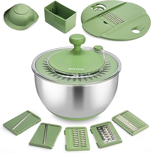SUSTEAS Centrifugador de Ensalada de Acero Inoxidable Grande, Tazón de Lavado de Verduras, Secador de Frutas y Hierbas con Cortador de 5 Cuchillas y