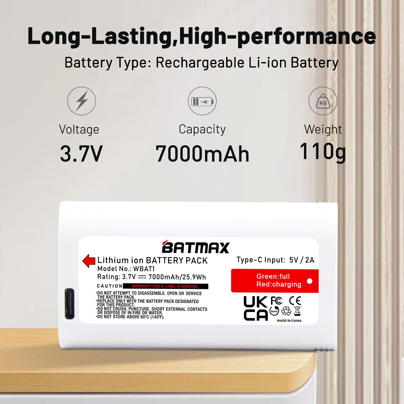 Batmax 2 baterías recargables WBAT1 de carga USB-C integradas para cámara WYZE Cam Pro