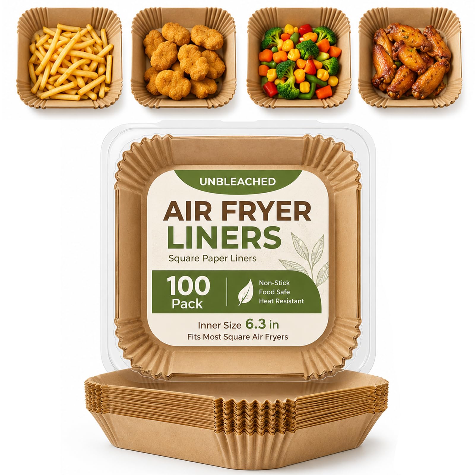 100 Pack Square Air Fryer Liners, 20cm Unbleached Kraft Paper Liners, Disposable Non-Stick Greaseproof Air Fryer Parchment Paper for 7-9L Square Air Fryers, Baking and Roasting
