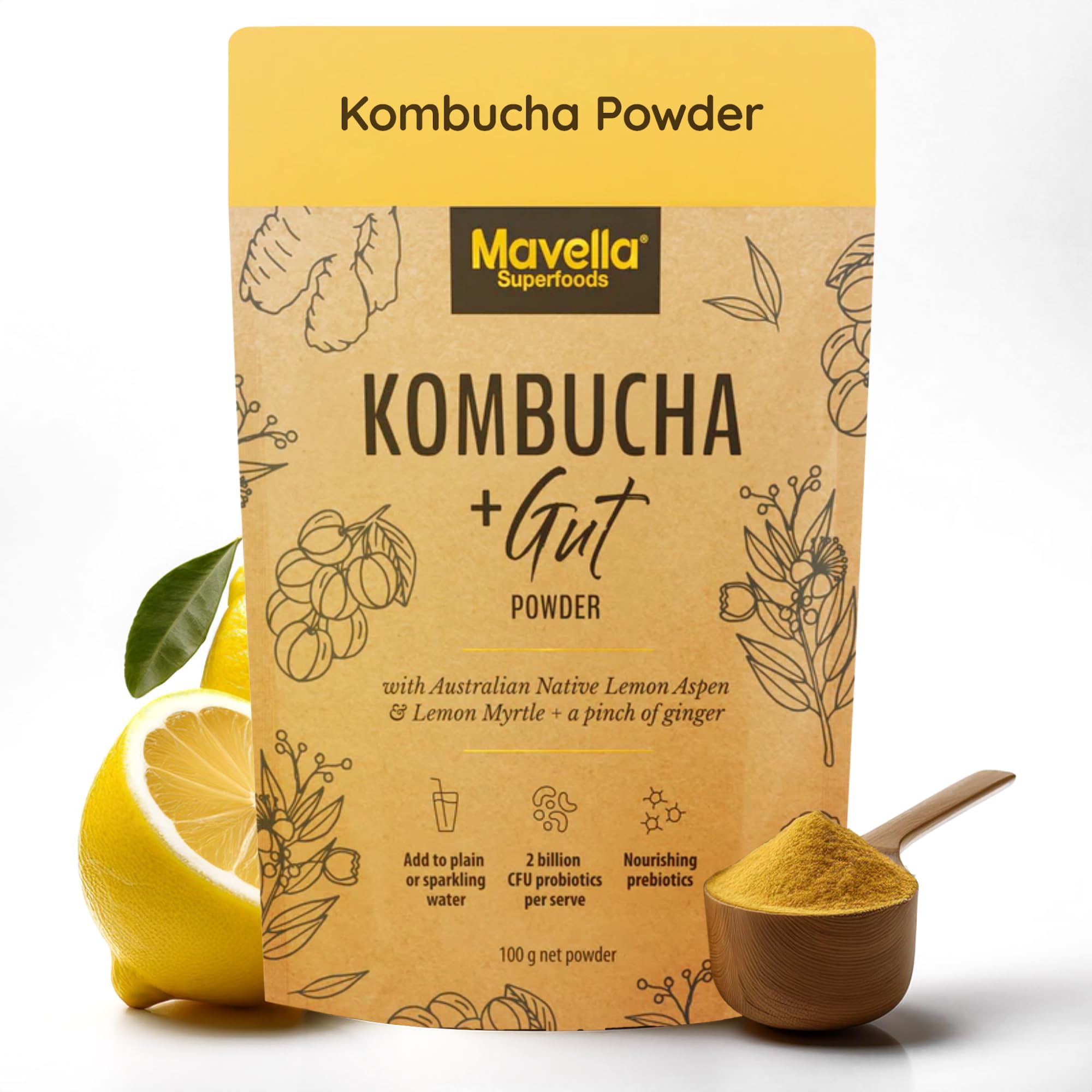 Mavella Kombucha Powder – Lemon Flavor 100g Gut Health Powder Black and Green Tea - Probiotic Prebiotic Apple Cider Vinegar Ginger Kombucha Drink – 25 Servings