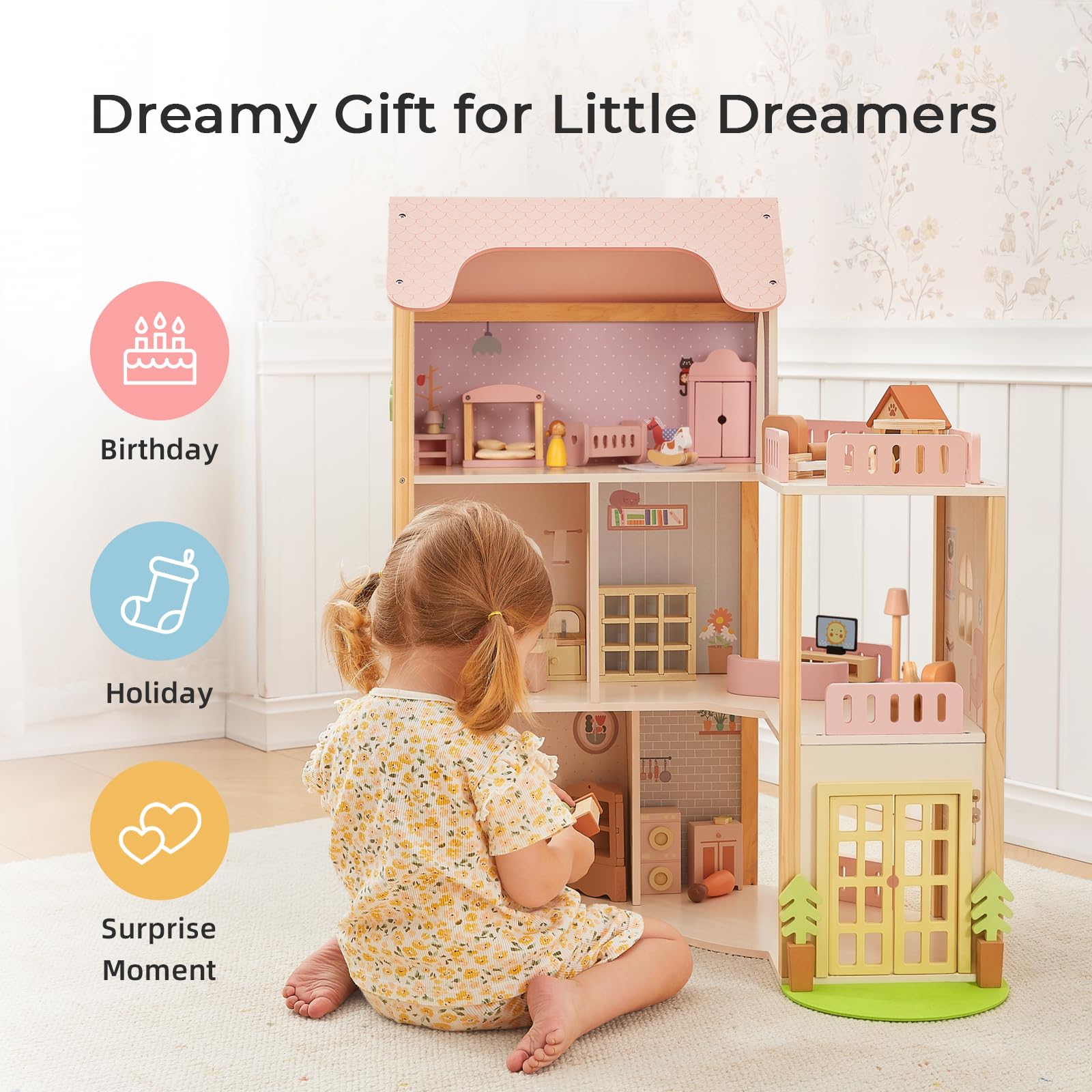 OOOK Puppenhaus Holz, Puppenhaus ab 3 Jahre Mädchen mit 60 Möbel Zubehör, 3-stöckiges Holzpuppenhaus Groß mit 4 Puppen und 2 Haustieren, Wooden Doll House for Girls | 4 Puppen und 2 Haustiere, großes 3-stöckiges Puppenhaus mit 6 Zimmern, Puppenhaus für Mä
